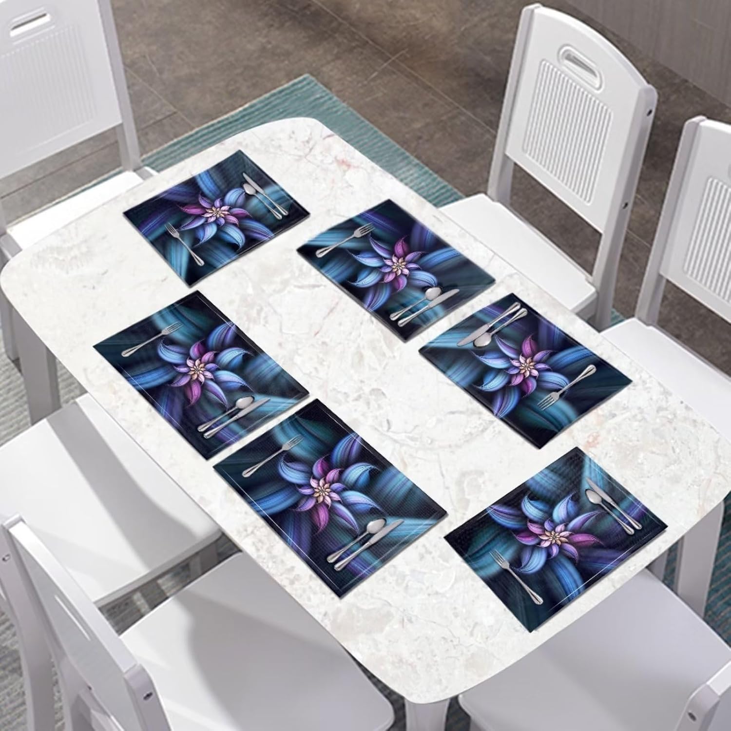 8 Pieces Placemat, Non-Slip Dining Table Place Mats, Insulation Placemat Coffee Mats Waterproof Oil-Proof for Home Table Centerpiece Decor, Blue Purple Flower