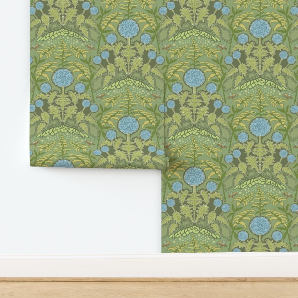 Removable Wallpaper Swatch - Art Nouveau Thistle Large Victorian Home Decor Ornate Flower Garden Floral Botanical Blue Green Gold Custom Pre-Pasted Wallpaper by Spoonflower