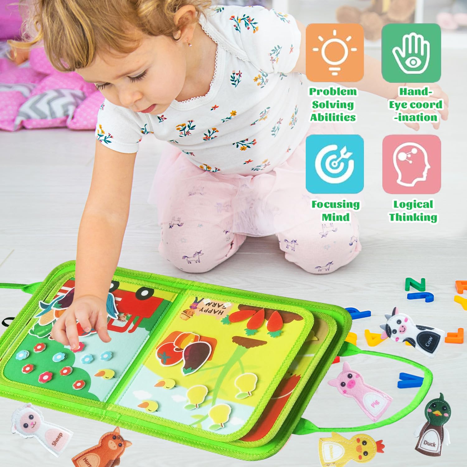 Busy Board ab 1 Jahr,Montessori Spielzeug ab 1 2 3 4 Jahr,Lernspielzeug Quiet Book Bauernhof ab 1 2 Jahr,Geschenke für Jungen Mädchen,Sensorik Spielzeug,Motorikspielzeug,Kinderspielzeug Activity Board