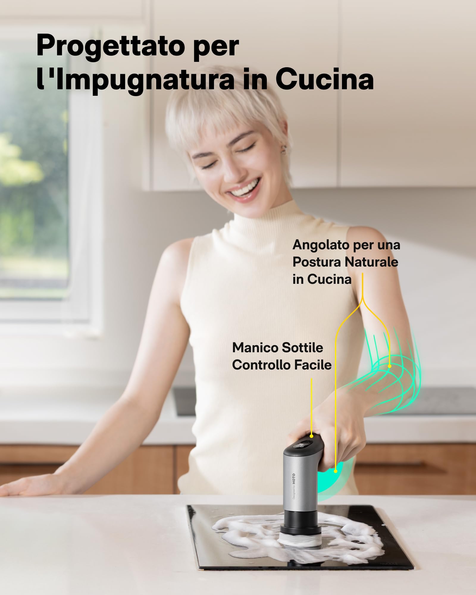 HOTO Grip™ Spazzola Rotante Pulizia Casa, Spazzola Elettrica per Pulizia IPX7 Impermeabile, Leggera (0.29 kg), 6 Testine, per Cucina, Piatti, Pentole, Griglia, Piano Cottura, Piastrelle