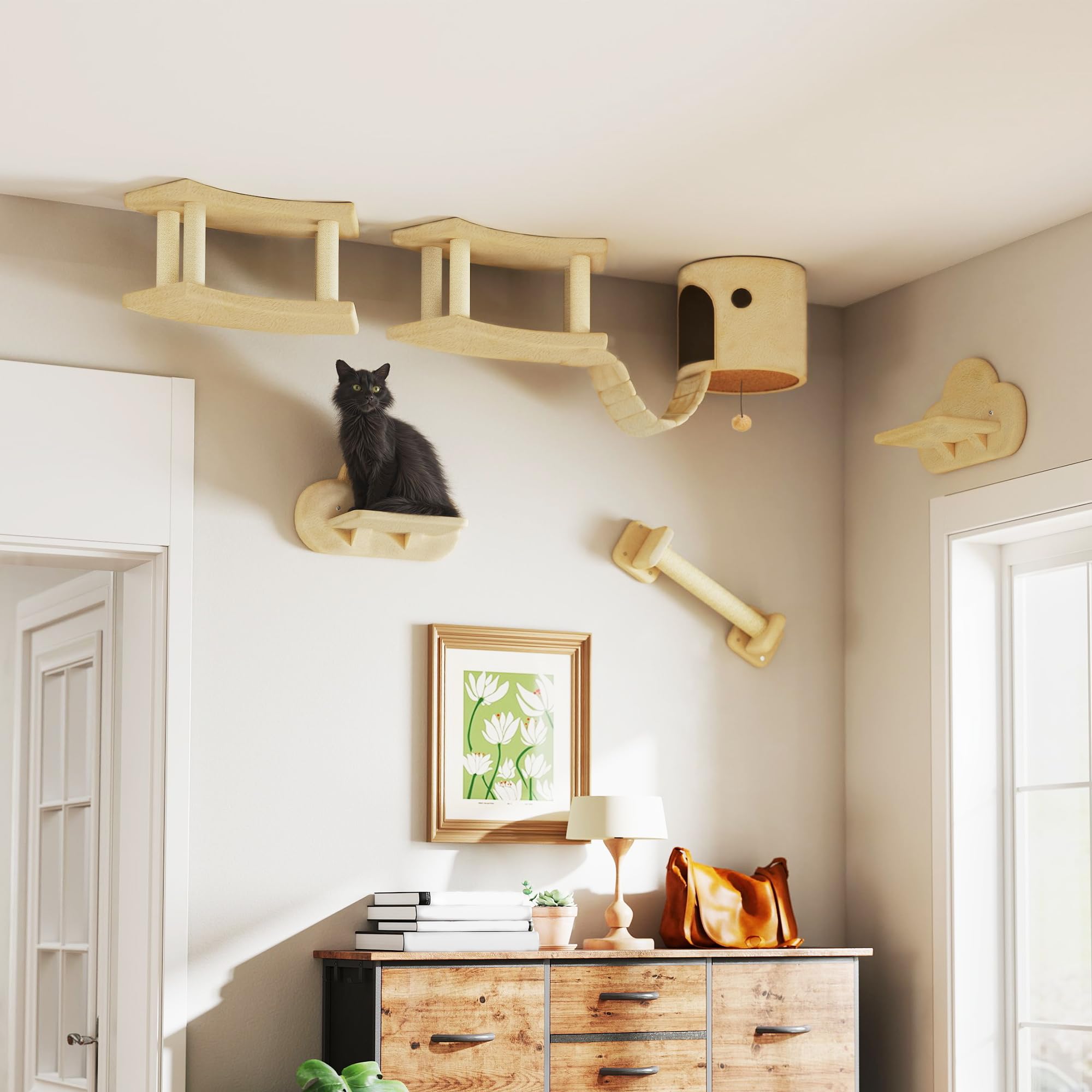 PawHut Kletterwand Katzen 5-Teilig Kratzstamm Katzenhaus bis 5 kg Beige | Katzenkletterwand, Katzen Wandelemente, Sprungplattformen, Katzenleiter, Katzenwandmöbel Set, für Klettern Spielen Schlafen