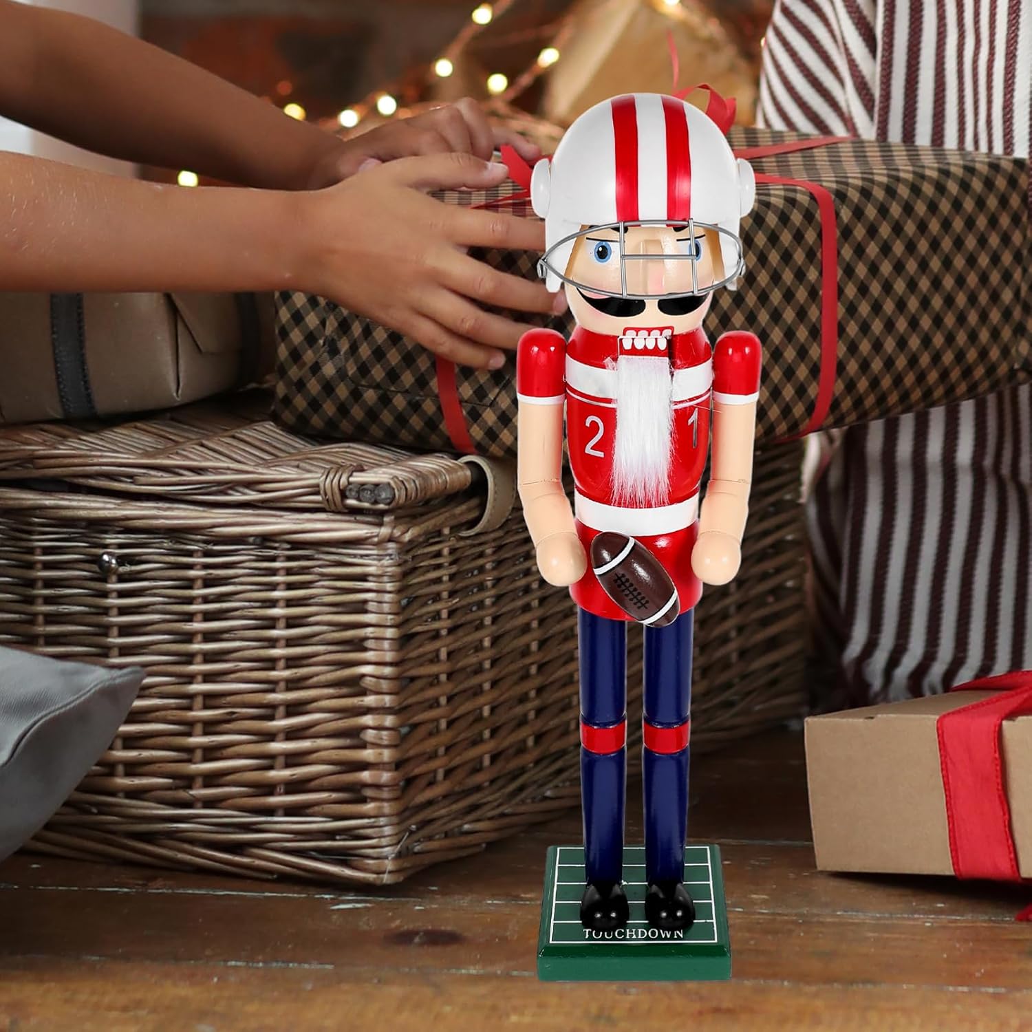 DECHOUS Football Player Nutcracker Christmas Figurine 15 Inch Wooden Sports Nutcracker Rugby Christmas Table Centerpiece Decoration for Home Mantle Fireplace, Xmas Party, Holiday