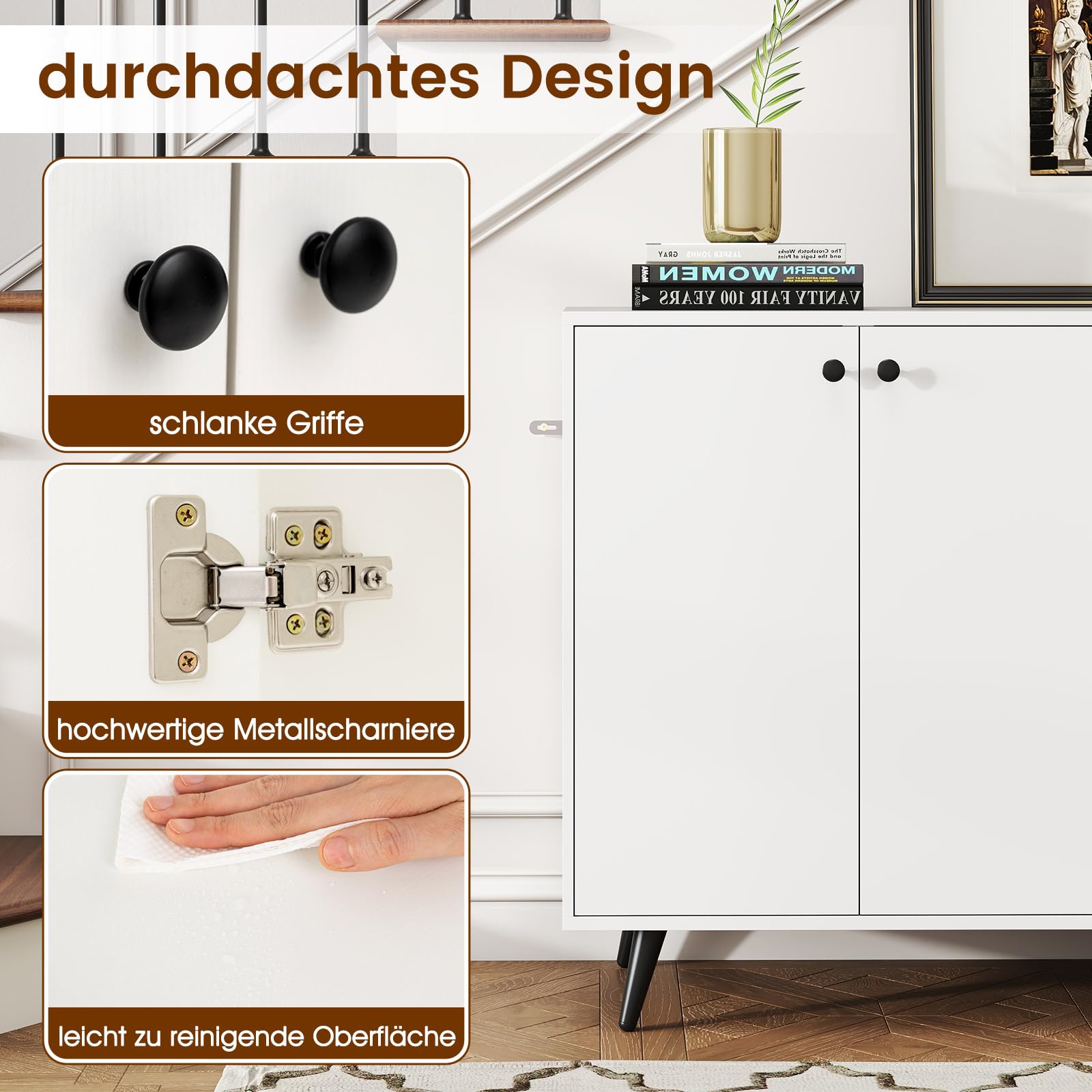 COSTWAY Sideboard Holz, Kommode mit 4 Türen & 5-Fach verstellbare Ablagen, Anrichteschrank Buffetschrank Küchenschrank, Schrank modern, für Wohnzimmer, Küche, Esszimmer, 127,5 x 38 x 80 cm, Weiß