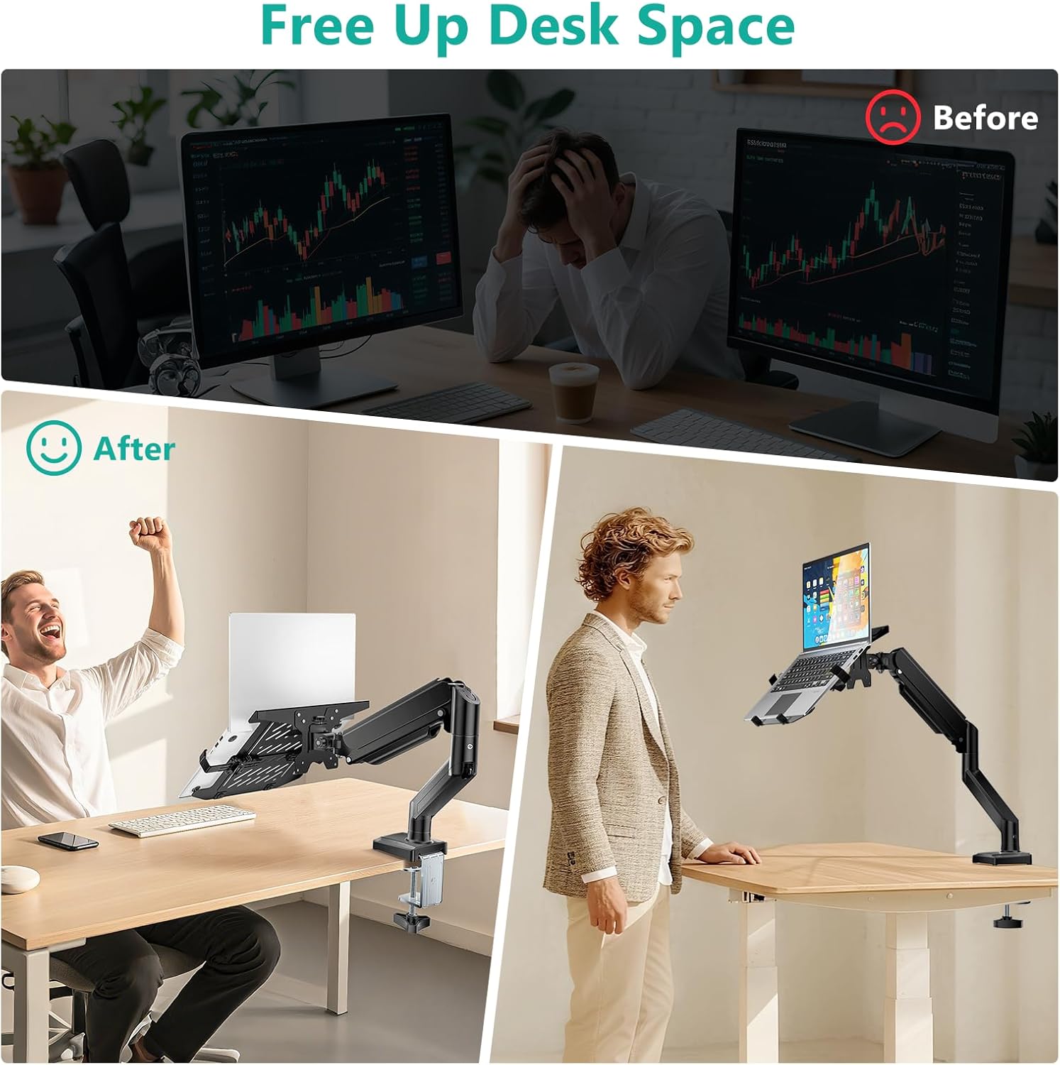 WALI Laptop Desk Mount, 2-in-1 Monitor Mount with Adjustable Laptop Tray, Fits Max 17" Notebook and 34" Computer Screen, Max Holds 22-26.4 lbs, Single Monitor Laptop Stand for Desk (GSMP001NLP), Black - Image 3