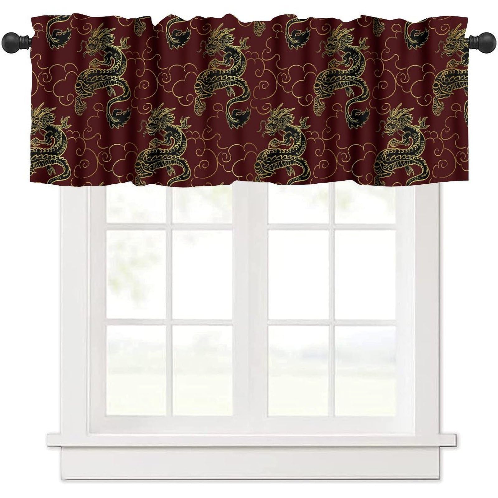 moderw Dragon Valance Curtain Oriental Vintage Asian Chinese Japanese Traditional Style Burgundy Window Treatment Valance for Home Farmhouse Dining Room Kitchen Party 54x18inch
