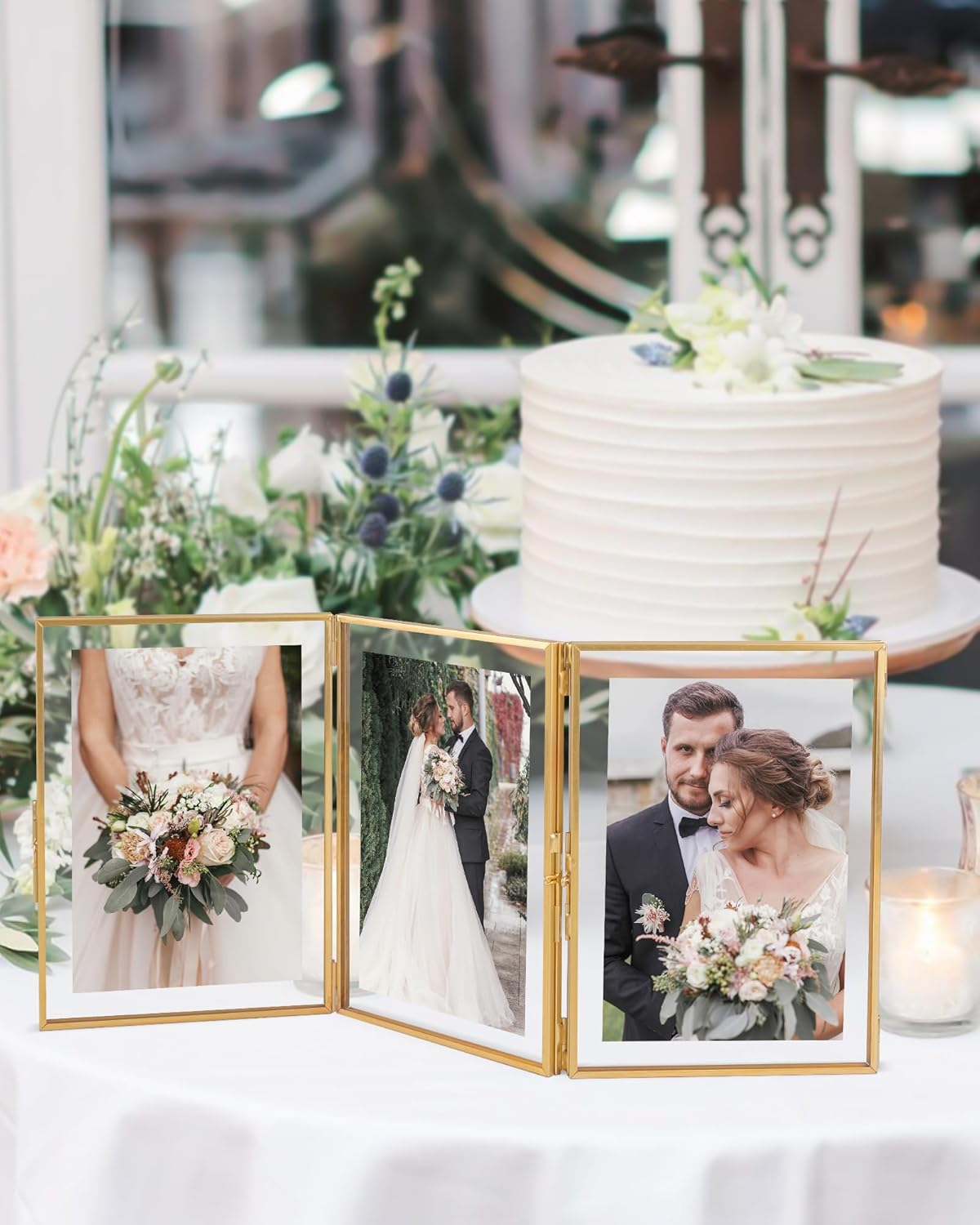 Gold Floating Frames, Vintage 5x7 Triple Folding Picture Frame, Hinged Glass Picture Frames with Three Opening for Artwork Photo Stand on Tabletop