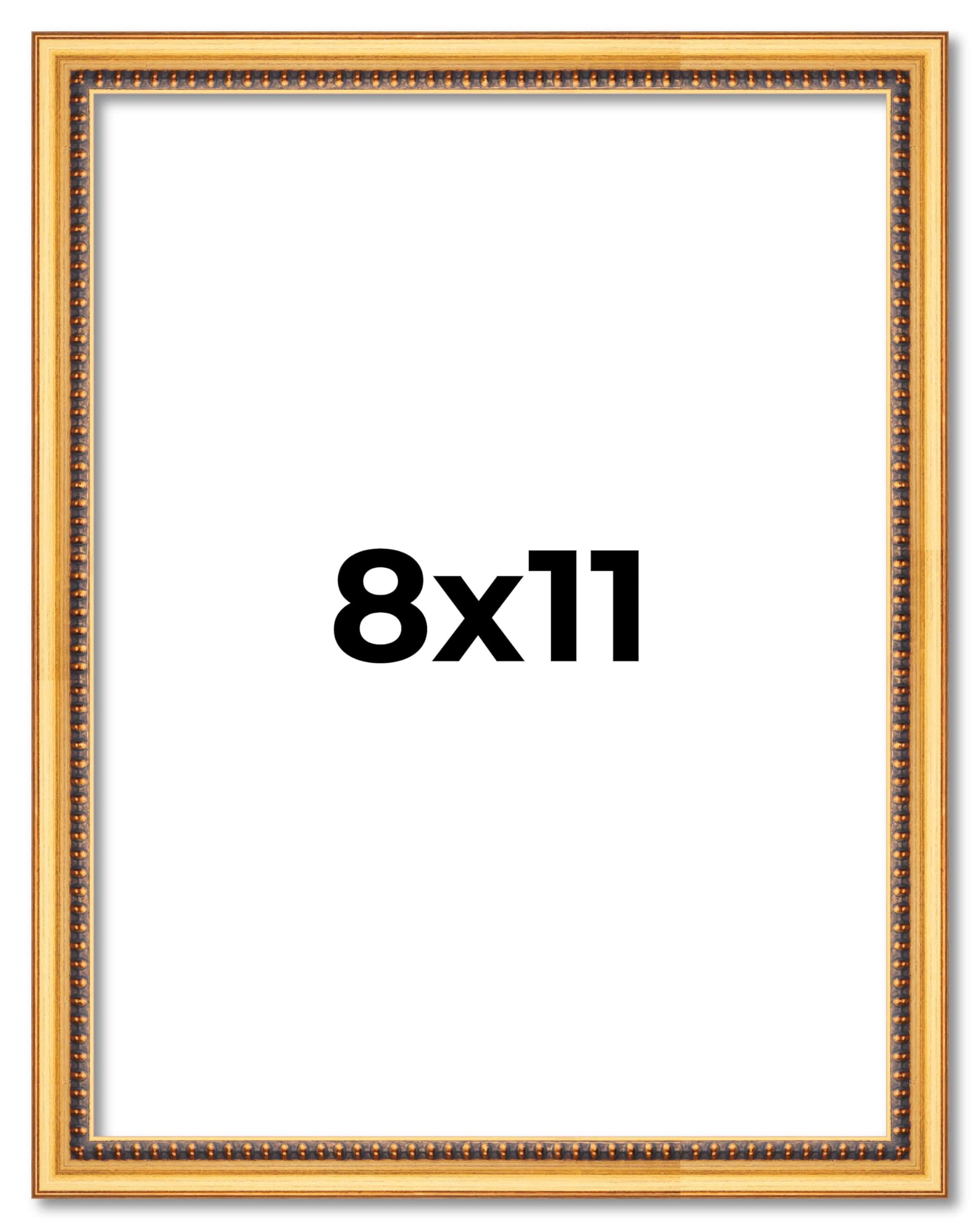 Poster Palooza 8x11 Frame Gold Beaded Antique Solid Wood Picture Frame with UV Acrylic Plexiglass, Foam Board Backing & Hardware Included