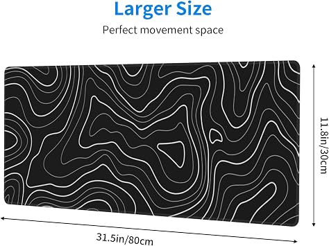 Black Topographic Contour Large Gaming Mouse Pad with Anti-Slip Base for Keyboard, Map Extended XL Mousepad for Office and Room, Cool Desk Mat with Stitched Edges for Desk, 31.5 x 11.8 in