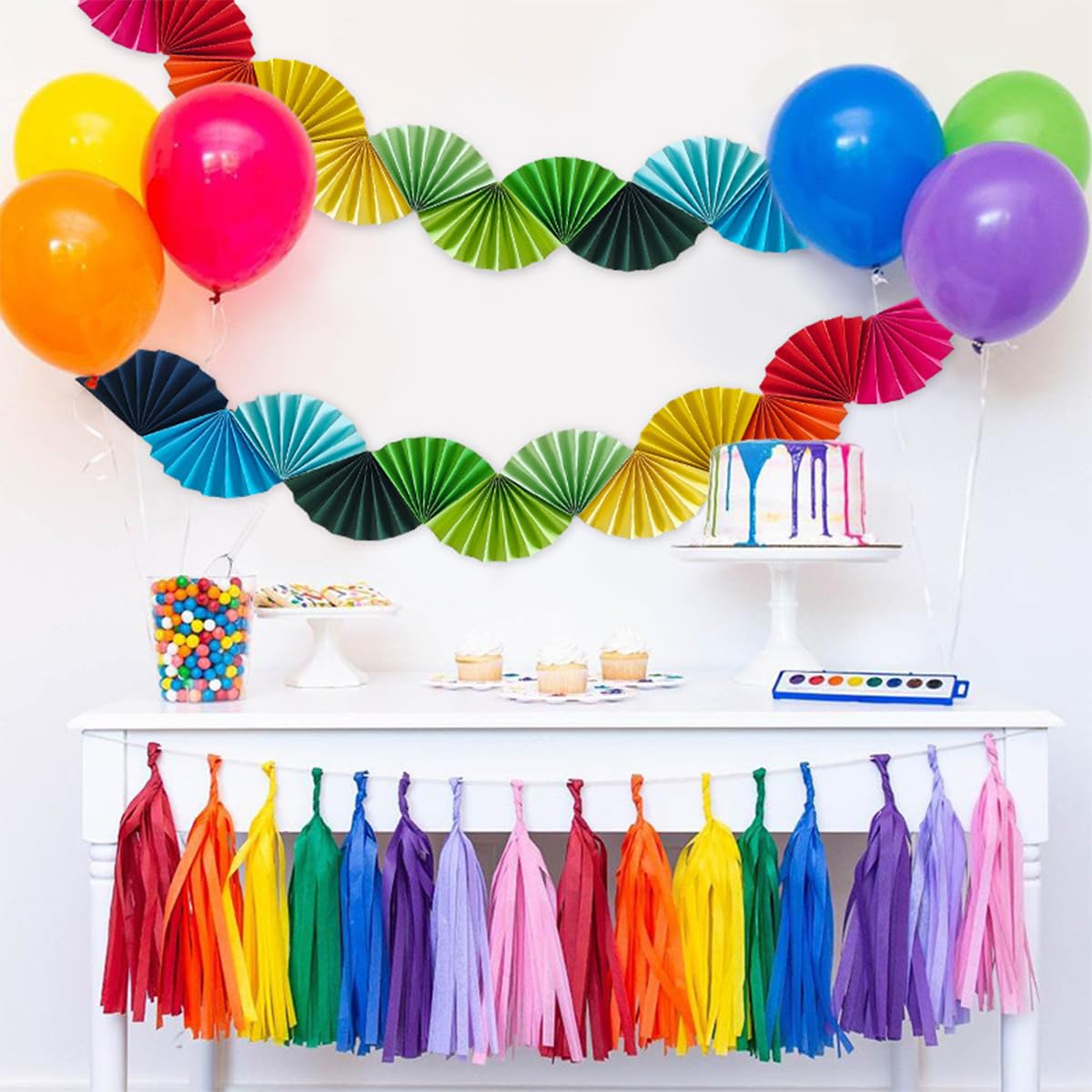 Colorful Scalloped Paper Fan Garland - 8 Foot Party Decoration For Birthdays & Events