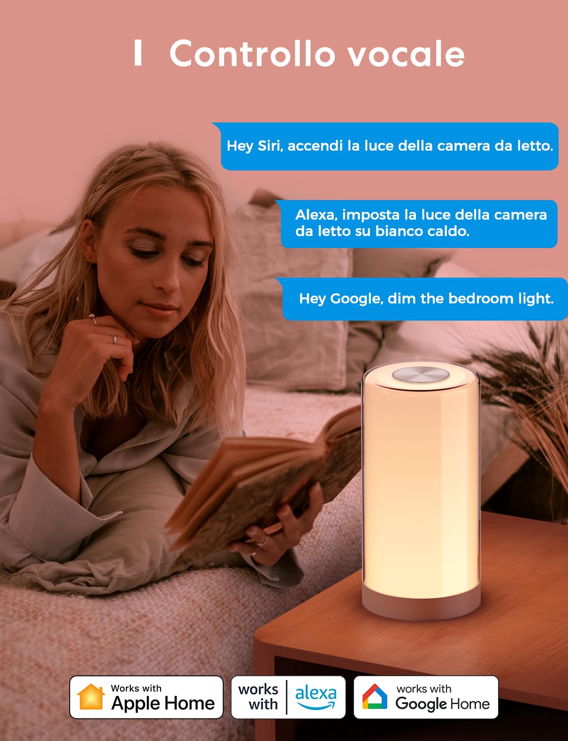 meross Lampada Smart da Comodino a LED, abat jour da comodino Portatile Compatibile con HomeKit, Alexa, Google e SmartThings, Luce Notturna LED Dimmerabile, per Camera da Letto, Soggiorno