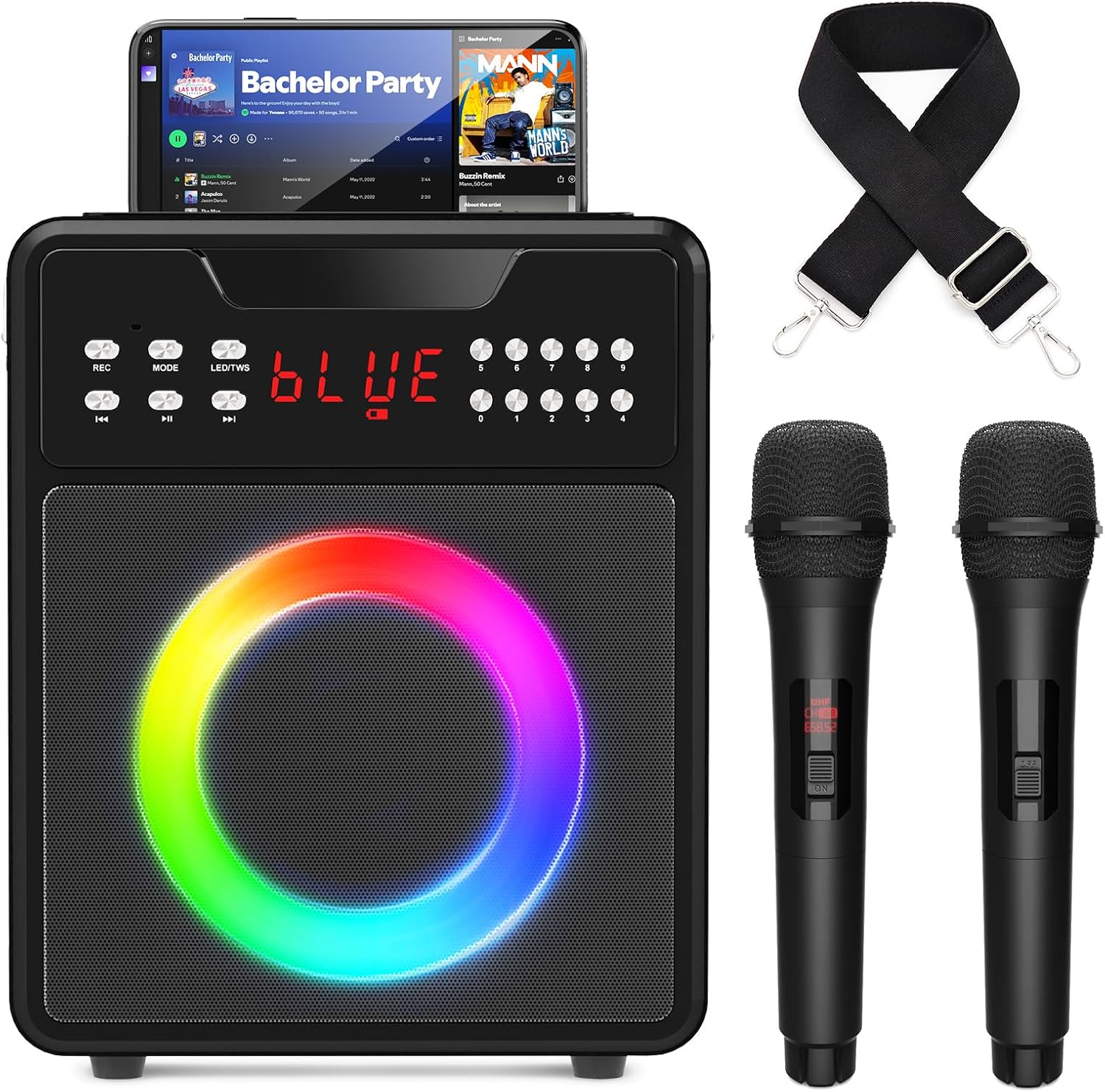 Karaoke Machine for Adults & Kids, Portable Karaoke Machine with 2 Wireless Microphones, Portable Speaker with PA System and LED Lights Supports USB, Aux in, TF Card for Home Party