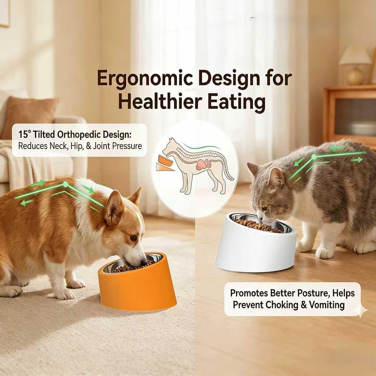 15° Tilted Dog Bowl for Small Dogs Flat-Faced Breeds - Anti-Choke Ergonomic Elevated Feeder Non-Slip Base - 2-in-1 Detachable Stainless Steel Food & Water Bowls - Classic Black Sleek Style (Ｌ, Black)