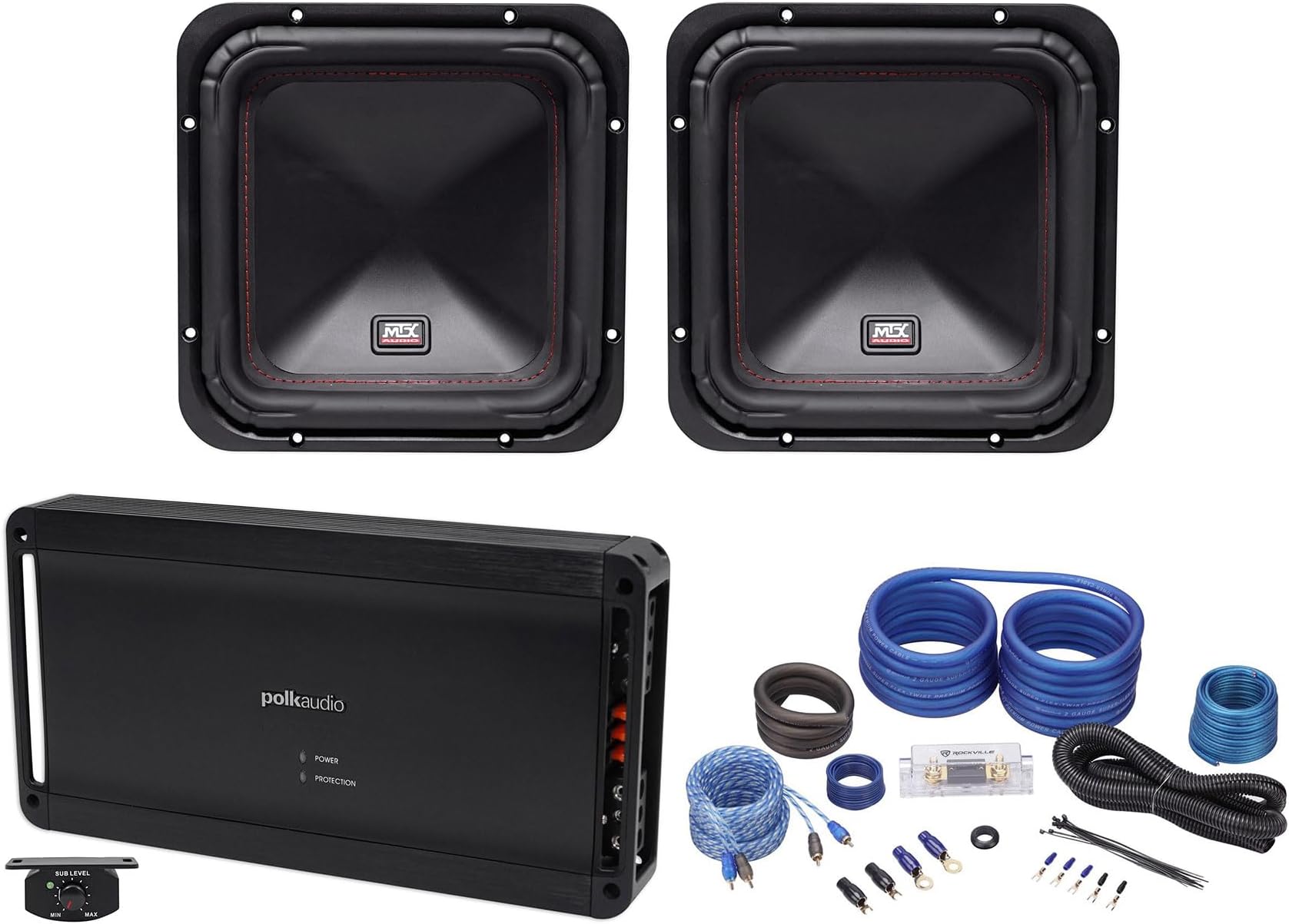 Audiosavings Bundle: (2) MTX S6510-44 10" 1000w Peak/500w RMS Square Car Subwoofer Bundle with Polk Audio PAD1000.1 Mono 1200 Watt RMS 1-Ohm Car Amplifier + Rockville RWK21 2 Gauge Amp Kit (4 Items)