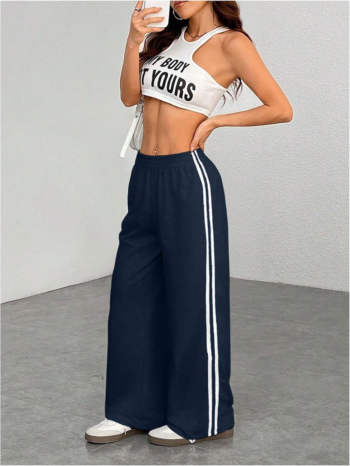 GORGLITTER Women's Low Rise Sweatpants Wide Leg Y2K Side Striped Elastic Waisted Baggy Athletic Track Pants Trousers