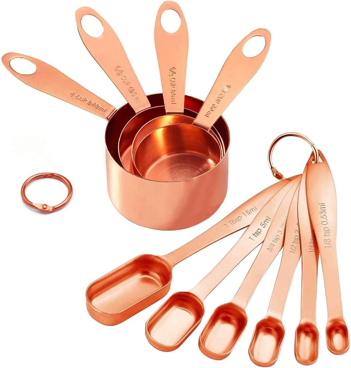 10-Piece Copper Measuring Cups and Spoons Set Stainless Steel Heavy Duty Rose Gold Engraved Stackable Nesting Kitchen Teaspoon/Tablespoon Set for Dry & Liquid Ingredients Coffee Cooking & Baking