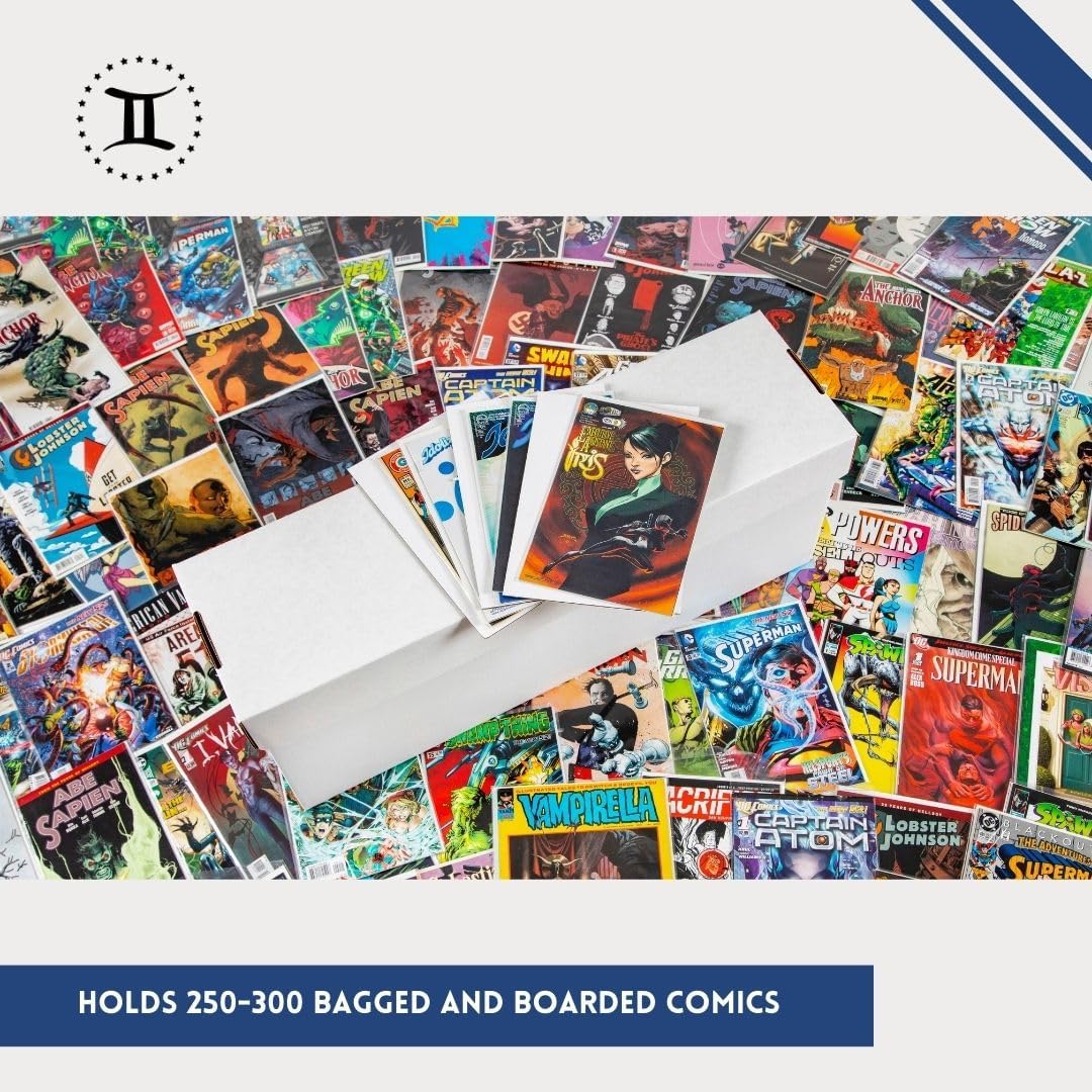 Long Comic Book Storage Box — USA-Made, Holds 250-300 Comics & 250 Pounds Strength Tested Versatile Gemini Comic Book Box/Bin (Lids included) — Thick-Grip, No Glued Seams, Acid-free (Pack of 5)