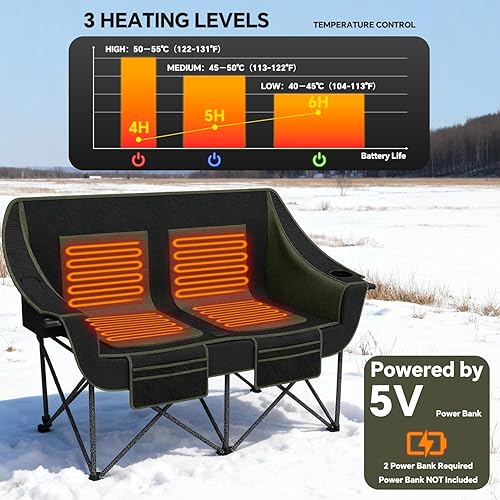 Miniatura 3 de SHIJING Silla de camping doble con calefacción, sillas plegables con calefacción para exteriores, silla de dos plazas con calefacción portátil para