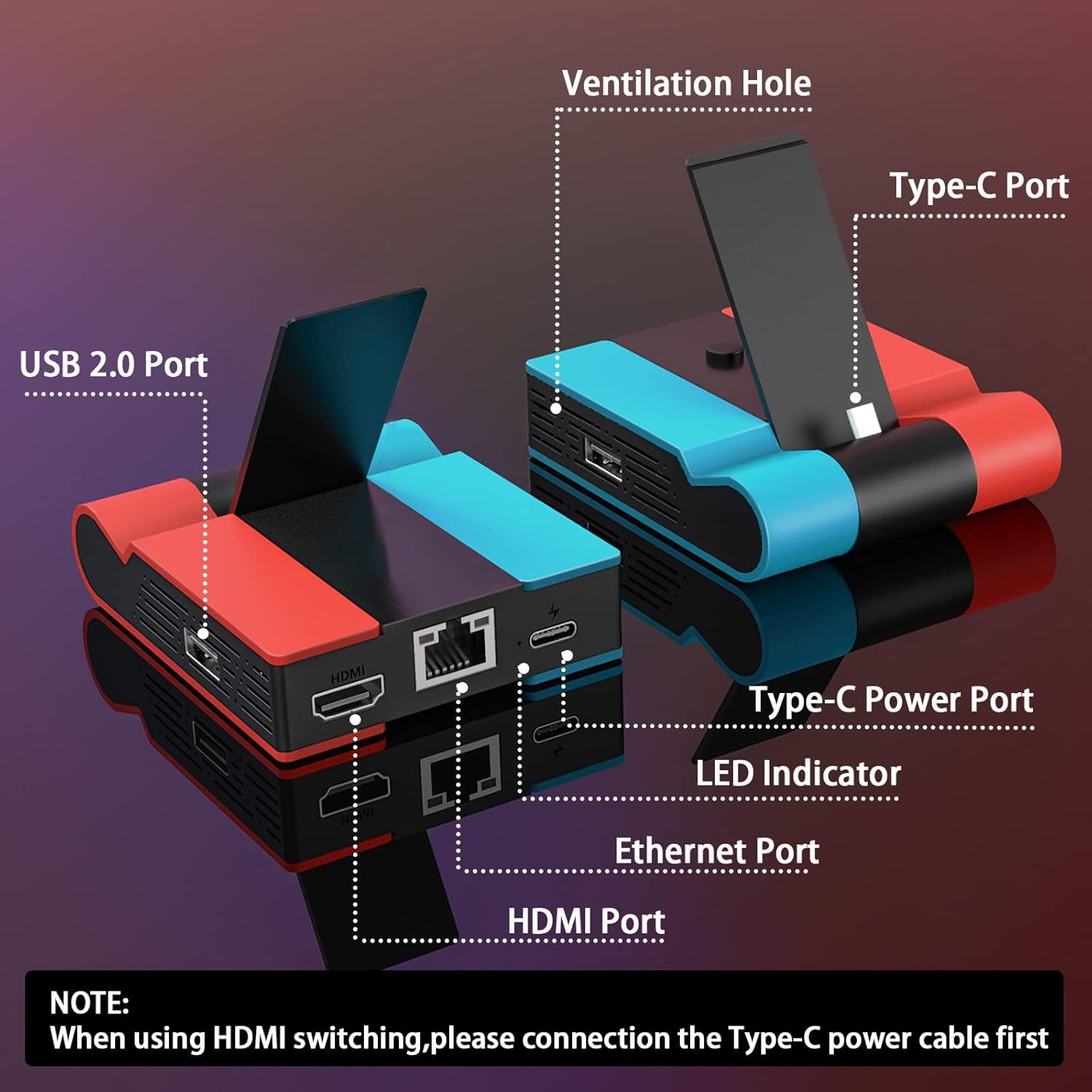 Switch TV Dock-Tendak Station de Chargement Pliable pour Nintendo Switch / Switch OLED,Switch Type C Station daccueil avec Adaptateur HDMI,1000Mbit RJ45 Adaptateur Ethernet et 2X USB Port,DAV-027-BK