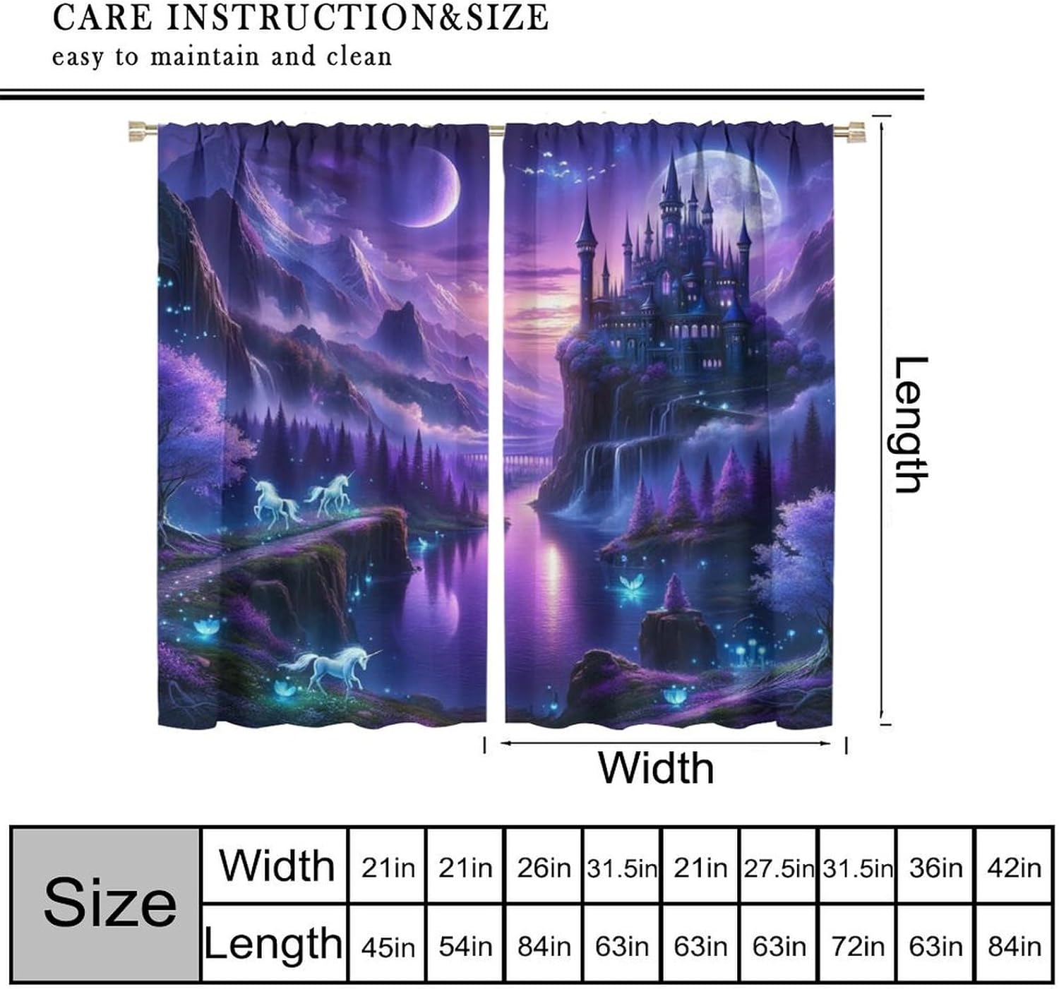 Fantasy Castle Curtains, Magical Purple Forest Mountains Trees Fairy Tale Magic Unicorn Flowers Print Blackout Window Treatments for Kids Girls Bedroom Living Room, 52" W X 84" L