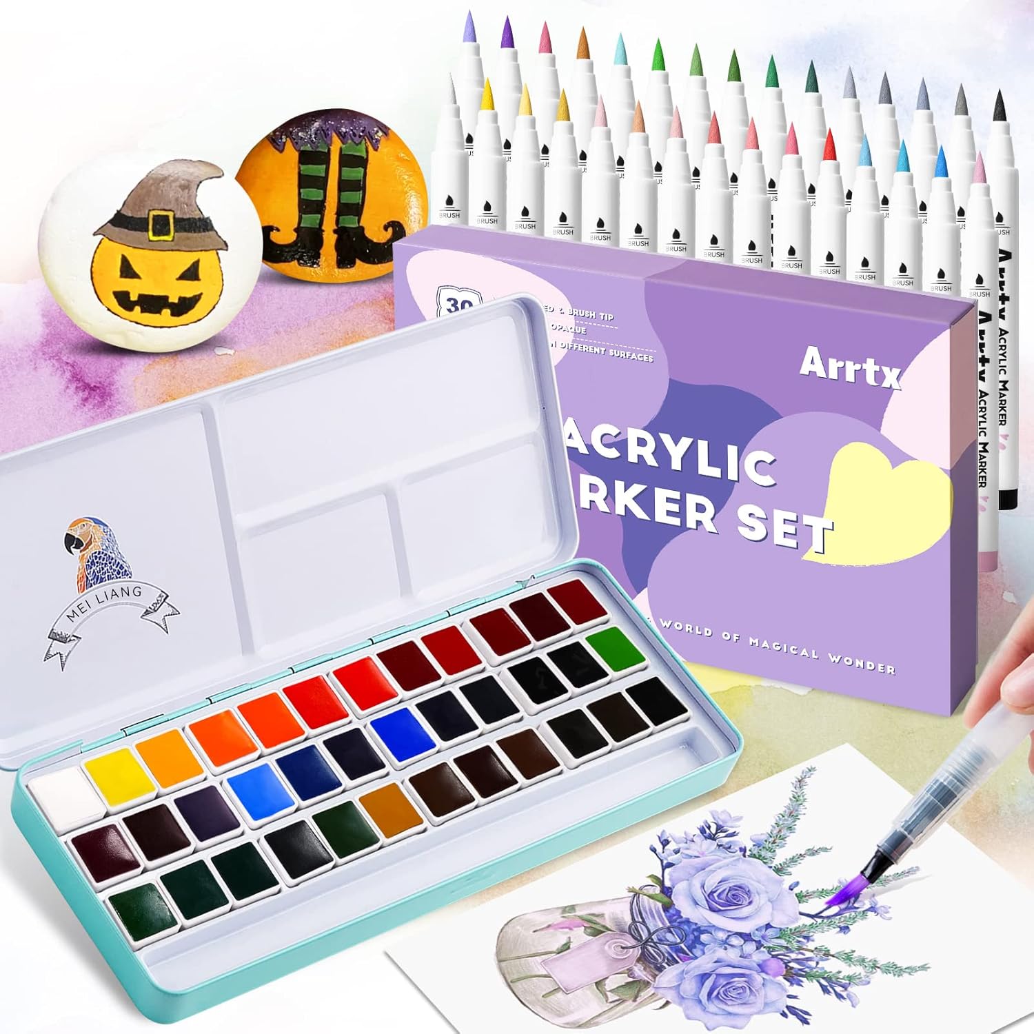 Bundle of MeiLiang Watercolor Paint Set, 36 Vivid Colors in Pocket Box with Arrtx 30 Colors Acrylic Paint Pens for Rock Painting