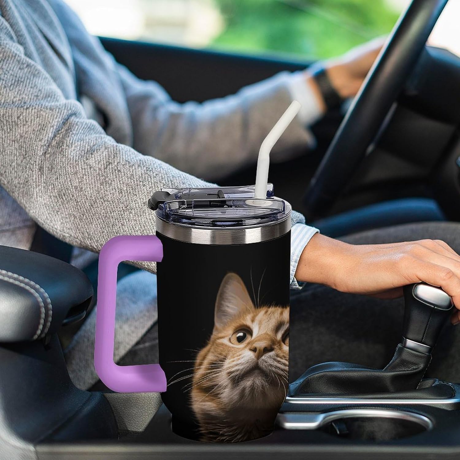 Cat Looks Up Tumbler 40 Oz with Handle&Lid Large Car Cup Stainless Steel Vacuum Travel Mug Insulated Water Bottle Leak-proof Portable Coffee Cup for Home Car Outdoor