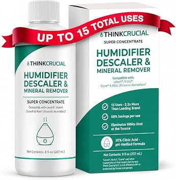 Think Crucial Humidifier Descaler Clears White Dust 15 Uses Compatible with Levoit, Vicks, Crane - 8 fl oz