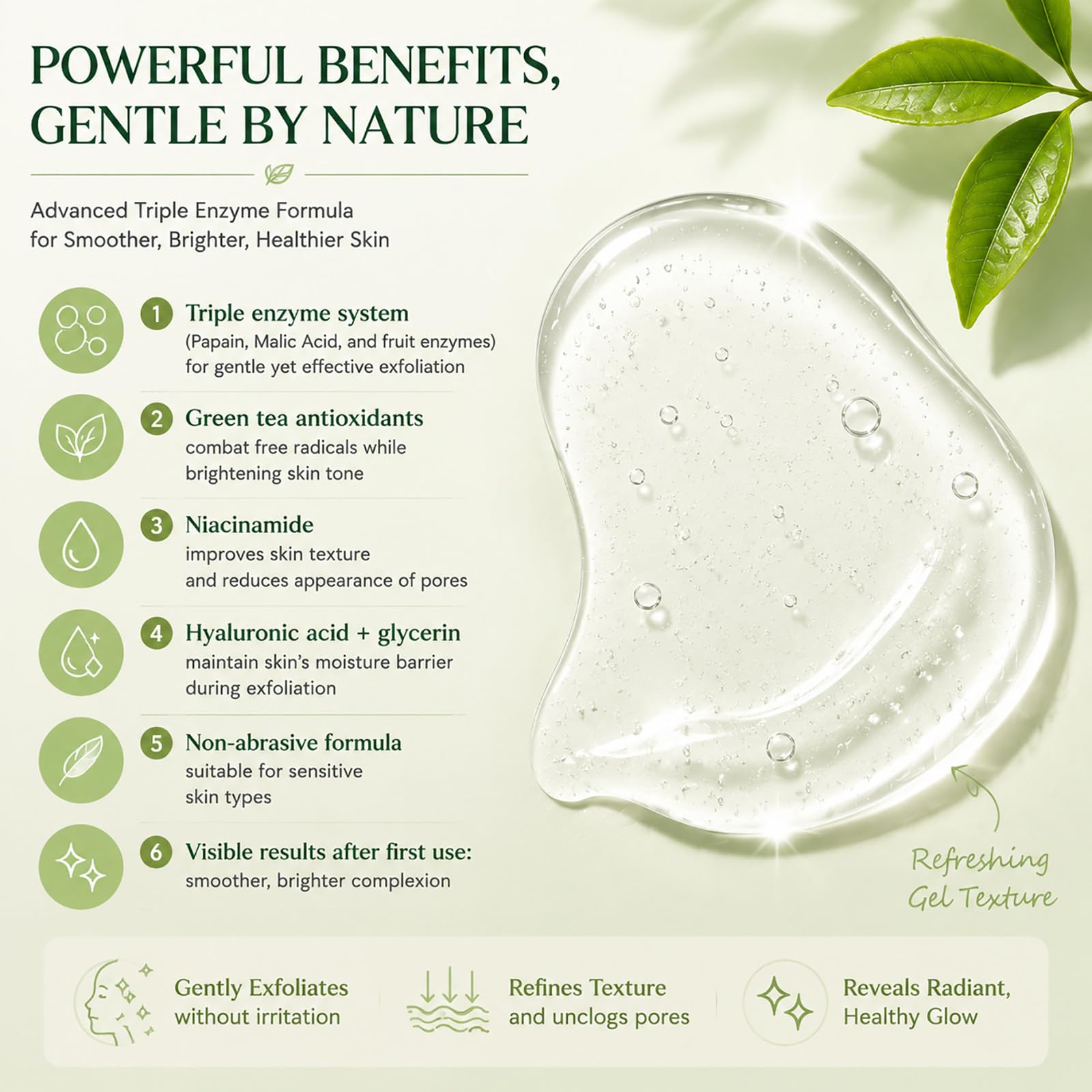 Gel Esfoliante al Tè Verde, Esfoliante Viso Delicato, Pulizia Profonda dei Pori, Rimuove Cellule Morte, Cellulosa Naturale, Gel Idratante, Scrub Viso Delicato, Tutti i Tipi di Pelle (5pcs)