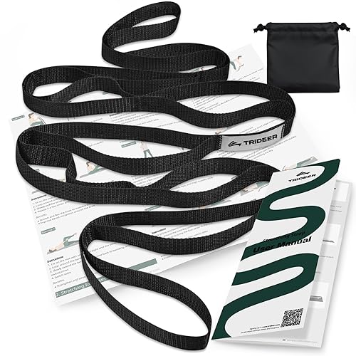 Trideer Stretching Strap Yoga Strap for Physical Therapy, 10 Loops Yoga Straps for Stretching, Non-Elastic Stretch Strap for Pilates, Exercise, Stretch Band for Women & Men (Black)