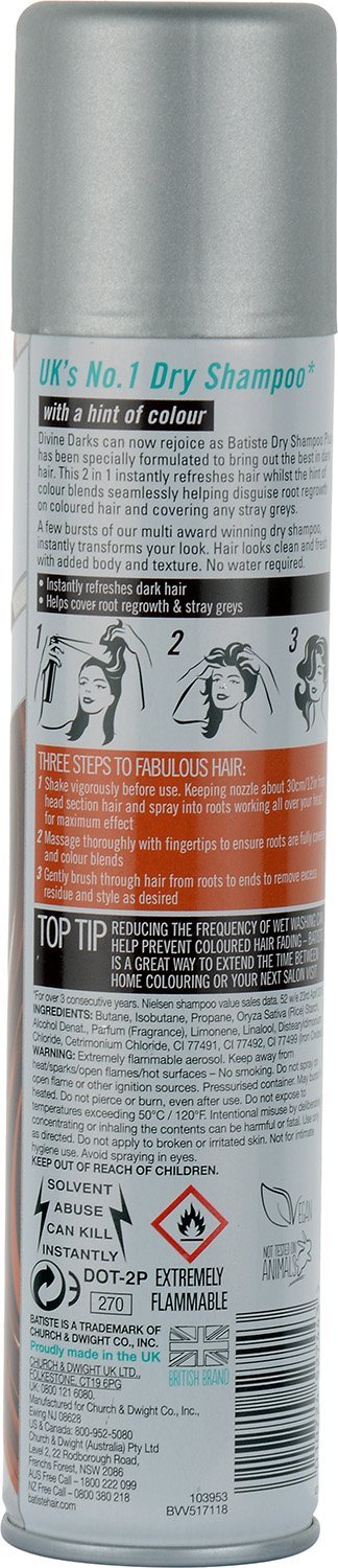 Batiste Trockenshampoo Brünett 200 ml, Dry Shampoo zum Auffrischen und Stylen der Haare, Haarpflege Spray für dunkles Haar, Ohne Rückstände, Ohne Ausspülen, Haarstyling mit Farbeffekt (Packung mit 2)