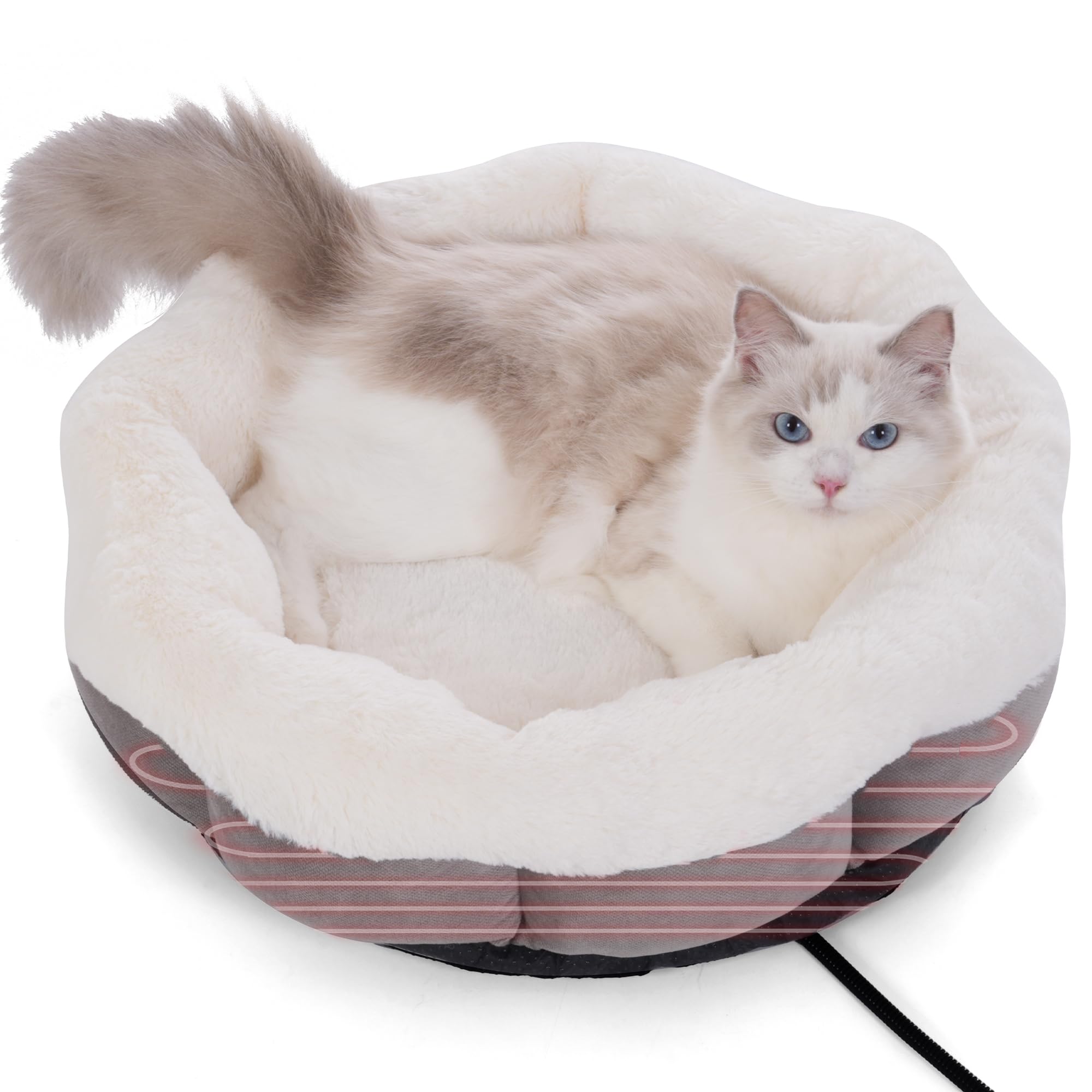 Petvolve Heated Cat Bed for Indoor, Plush Round Winter Warm Pets Heating Bed with Insertable Heated Pad | Soft Velvet & Cotton Thermal Heating Bed |