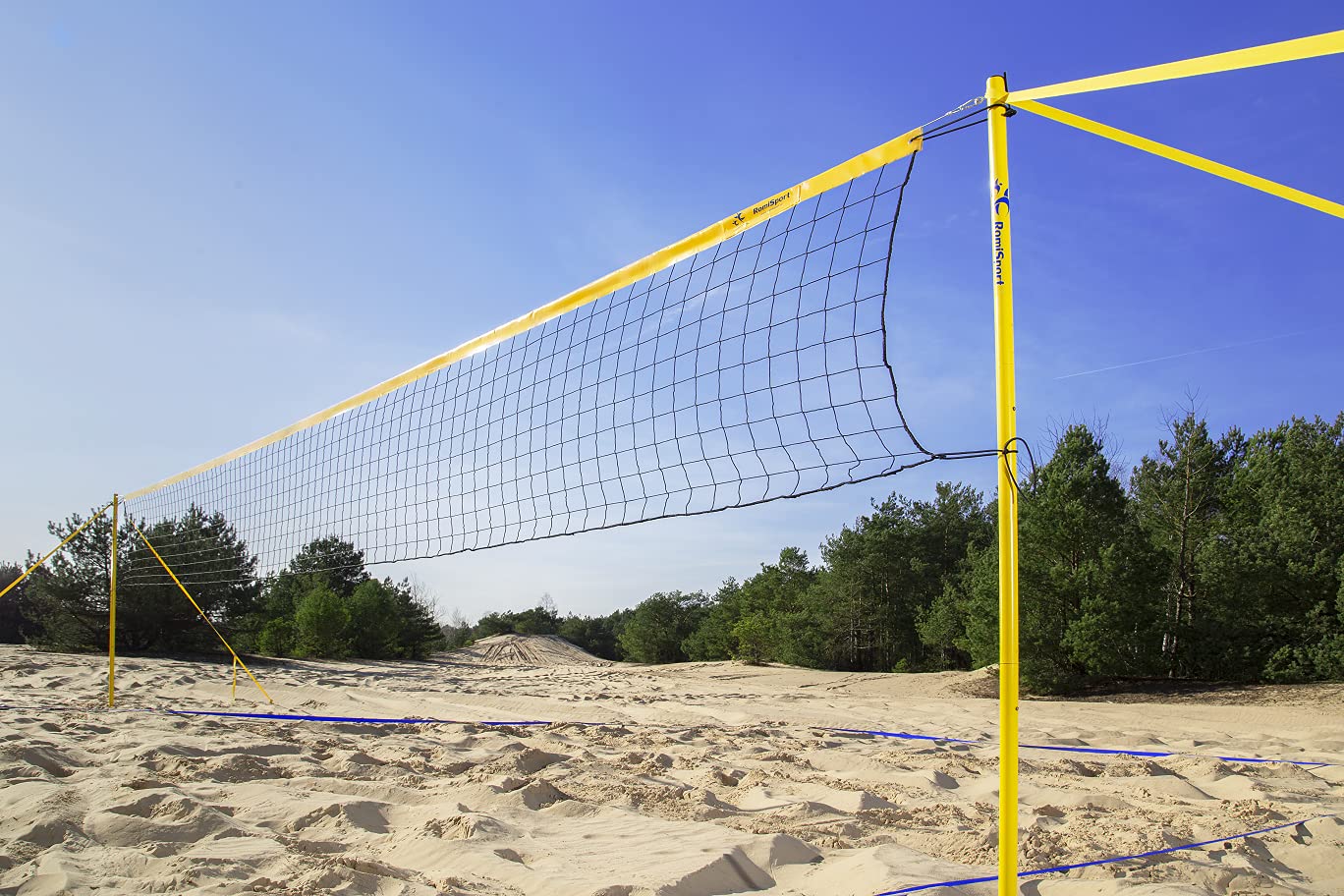 Romi Sport - Pallone da beach volley con rete completa + pali in acciaio + marcatura sul campo Courtline + Ball VXL20, 8,5 m, 9,5 m per il tempo libero in giardino o sulla spiaggia (9,50)