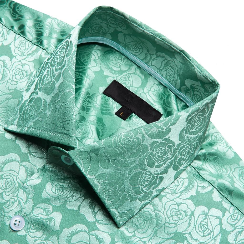 Silk Long Sleeve Green Flower Slim Fit Male Blouese Casual Tops Formal Streetwear Breathable(2XL)