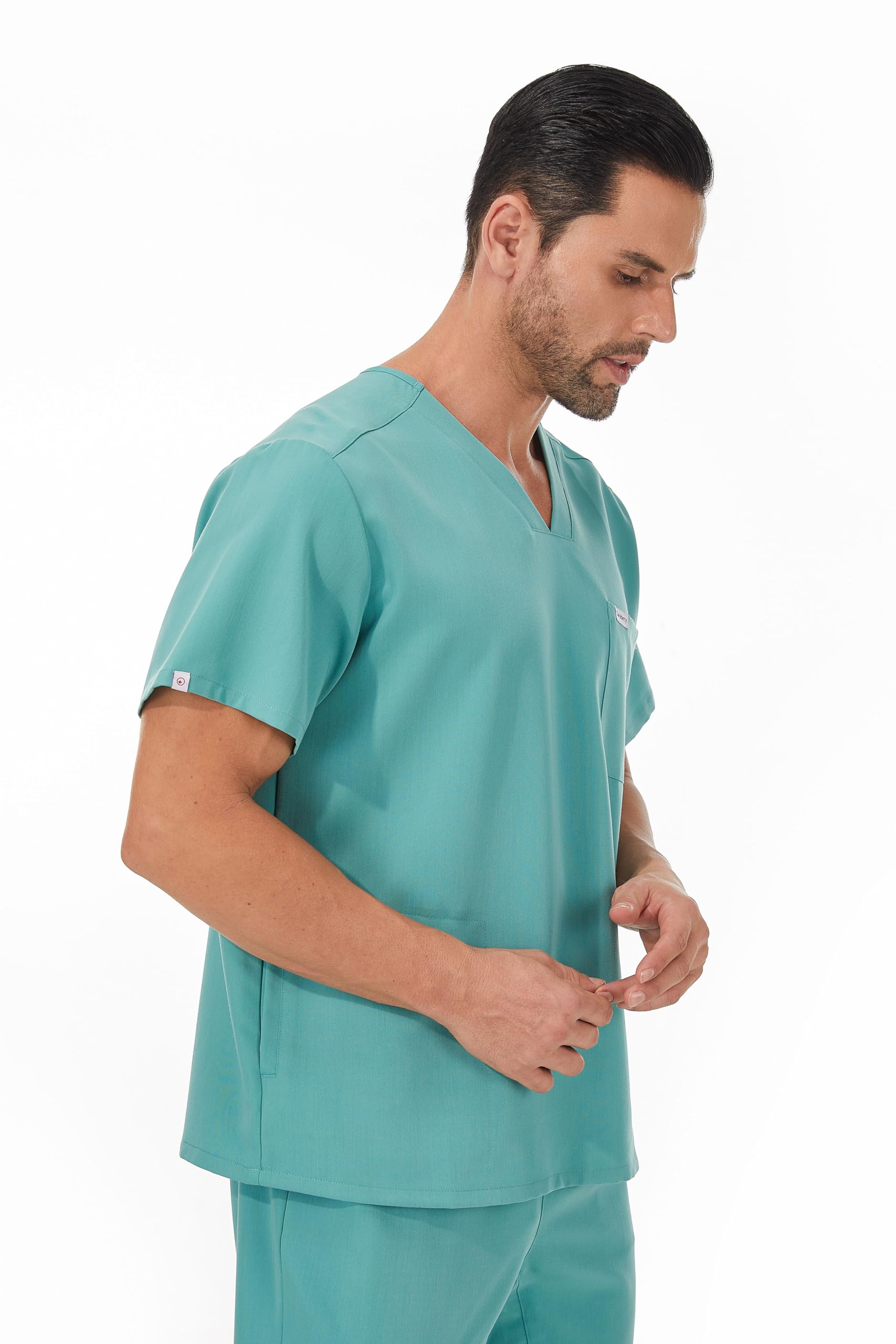 Careberry Premium Men's V-Neck Short Sleeve Scrub Top (US, Alpha, Large, Regular, Regular, Green)