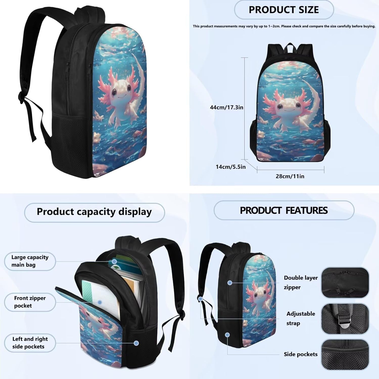 Cute Axolotl Backpack for Girls Kids Backpack with Lunch Box Water Bottle Holder and Zipper Pencil Case 4 PCS 17" Large Bookbag with Compartments for School Lightweight Elementary School Bag