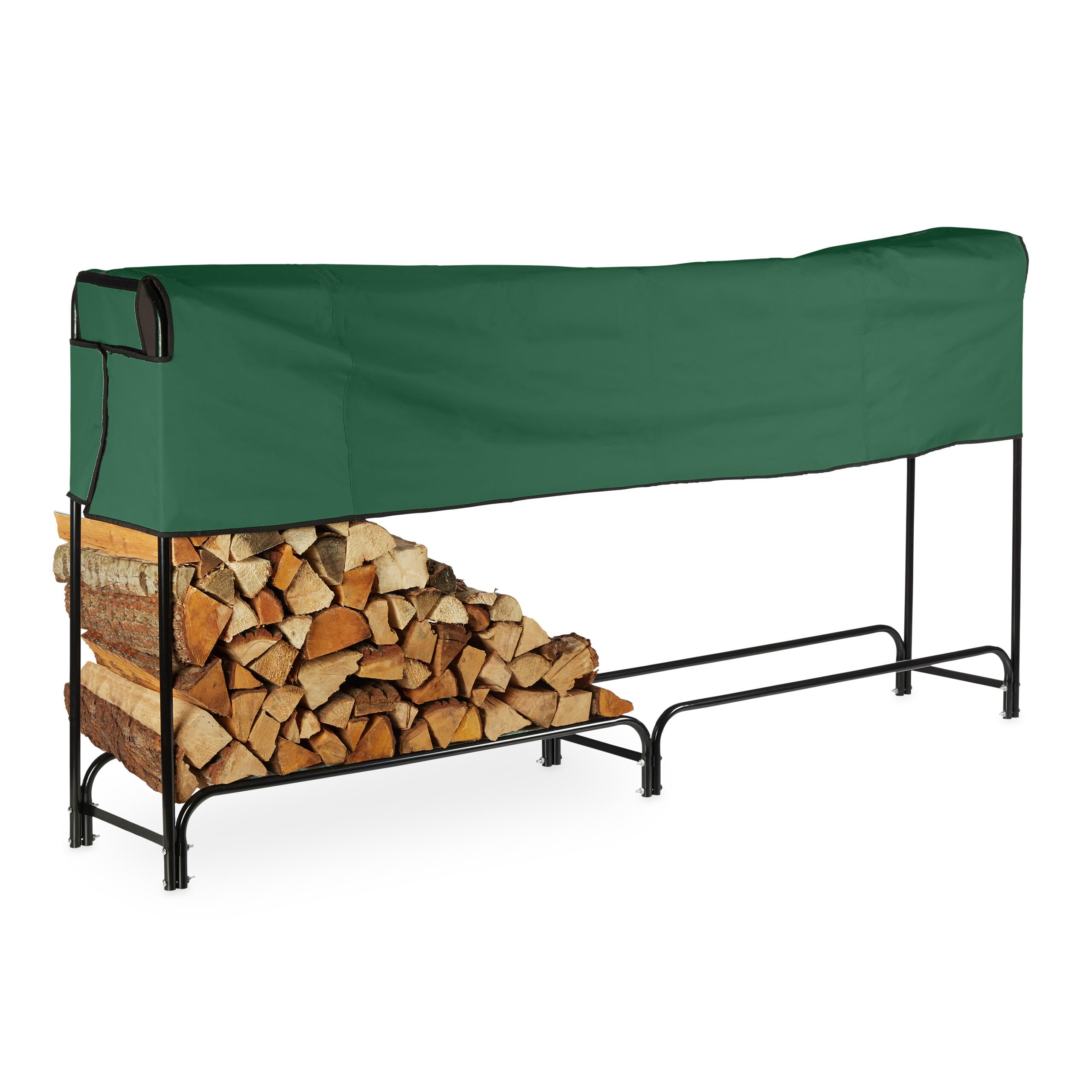 Relaxdays Firewood Rack with Cover, Steel, Log Storage Stand, Stacking Wood Shelf, HWD: 122 x 250 x 30 cm, Black/Green