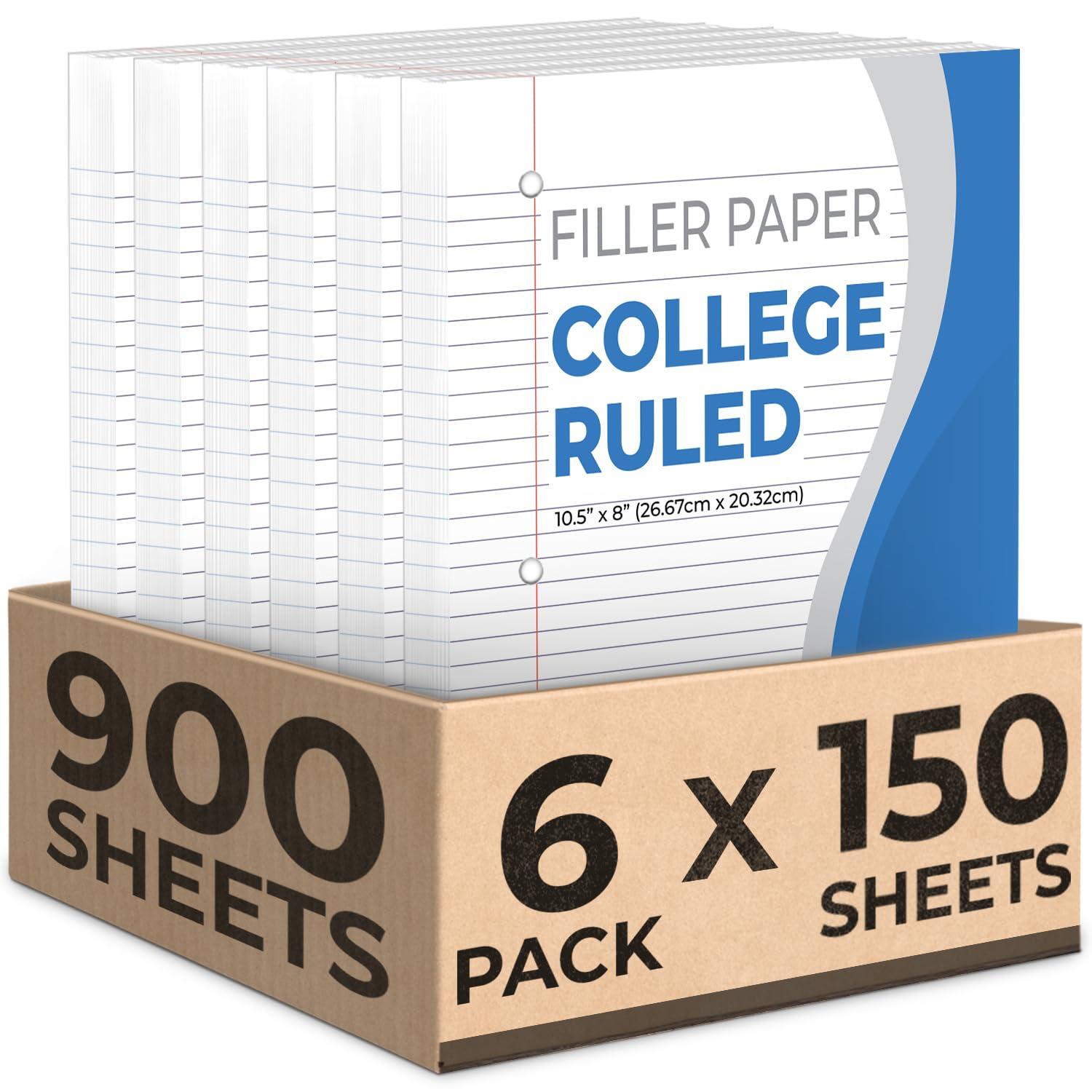 Rosmonde Loose Leaf Paper, 900 Sheets, 6 Pack, College Ruled, 8" x 10.5", Bulk Office Filler Paper, 3 Hole Punched, 150 Sheets/Pack, College Ruled