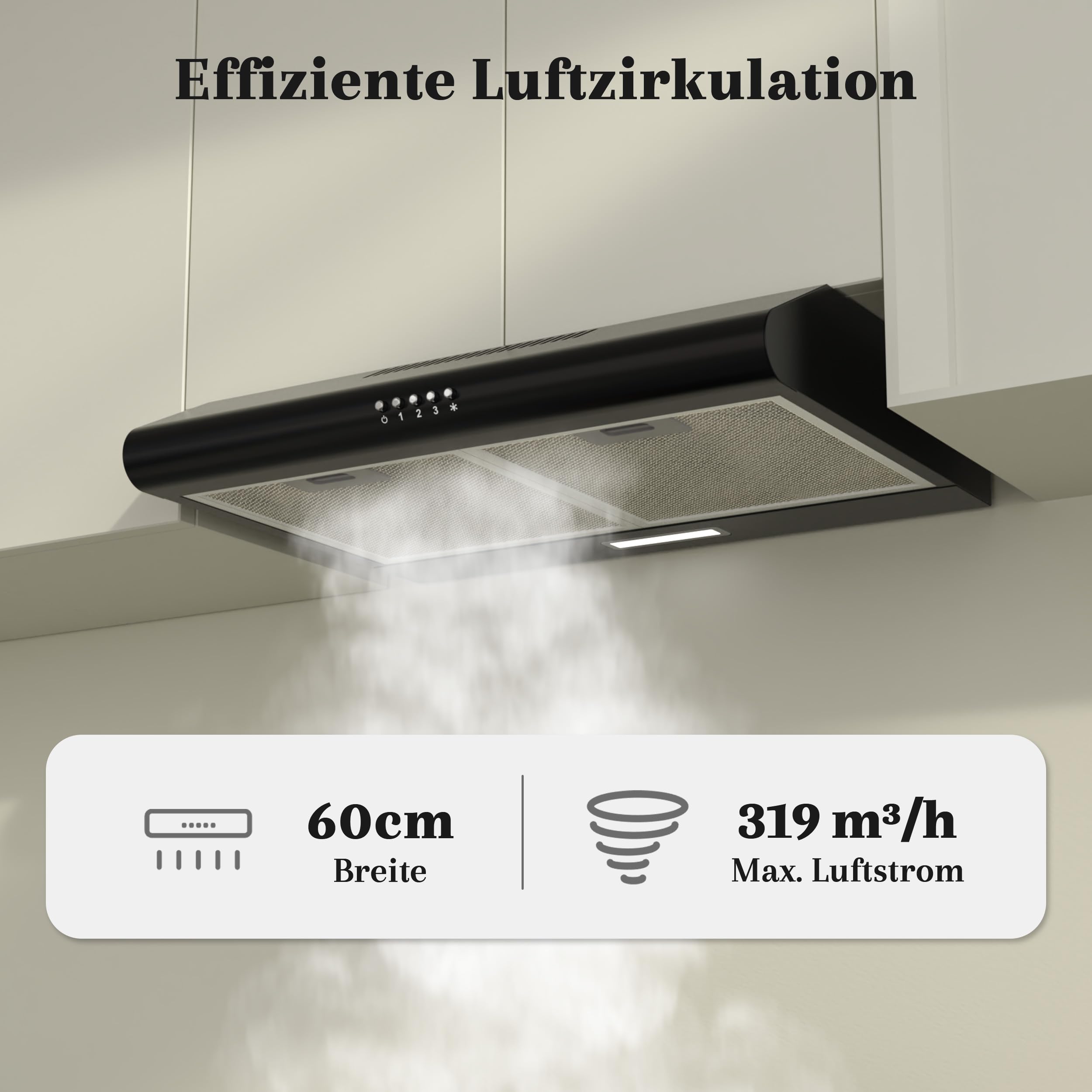 FIREGAS Dunstabzugshaube 60 cm Schwarz, 319 m³/h, Energieeffizienzklasse A++, bürstenloser Motor, Umluft & Abluft, 3 Stufen, leise, 2W LED