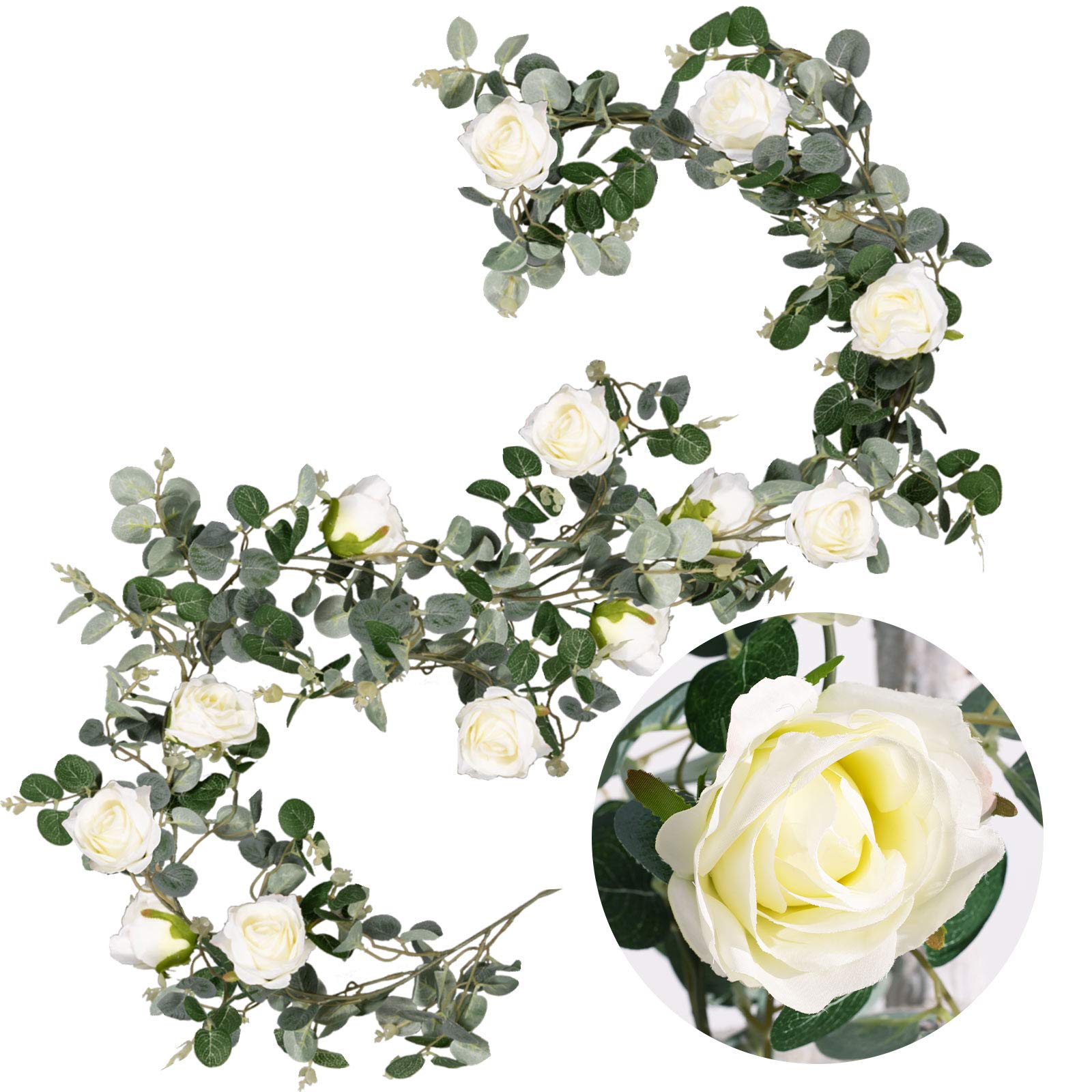 Buy Whaline Artificial Dollar Eucalyptus Garland with White Roses 5ft