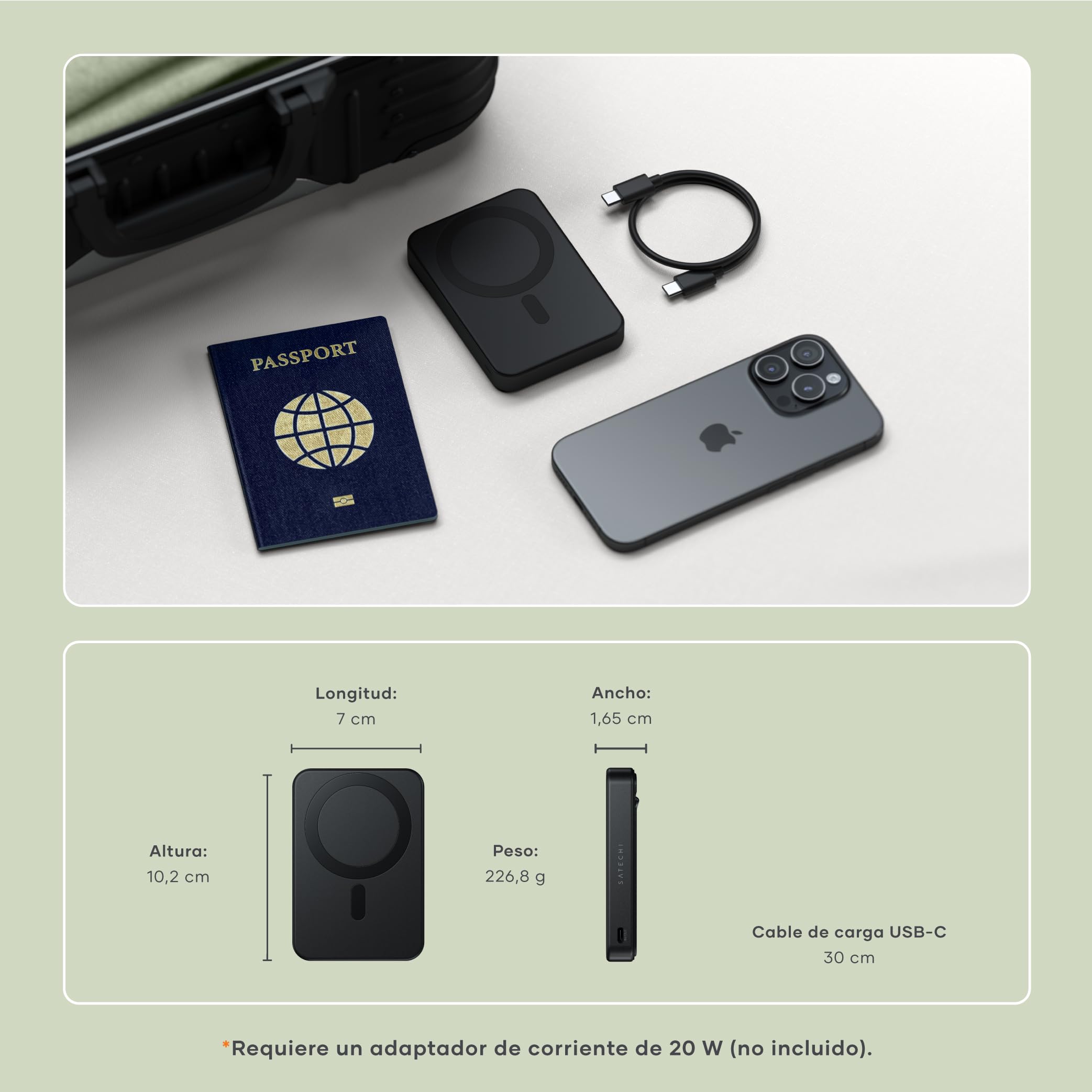 SATECHI OntheGo Power Bank MagSafe 10000mAh, Qi2, Soporte Integrado, Negro | 15W carga inalámbrica rápida para iPhone y Android, compatible con iPhone 17-12 y más
