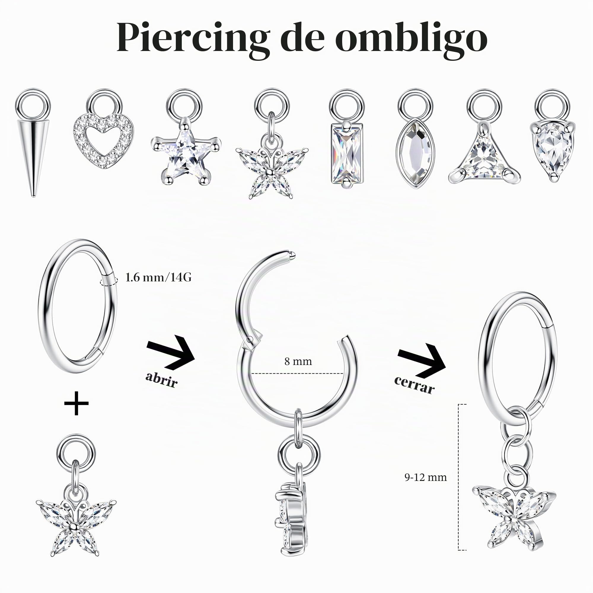 Adramata 14G Piercing Ombligo Acero Quirúrgico Hipoalergénico, Aro Hélice Cartílago Trago Oreja, Plata Oro Colgante Corporal para Mujer