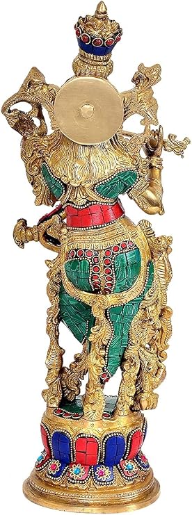 Liv Brass Krishna Statue 14 Inch Large, Lord Krishna Idol with Stonework Finish, Easter Decor House Warming Gifts Religious Sculptures Return Home Temple