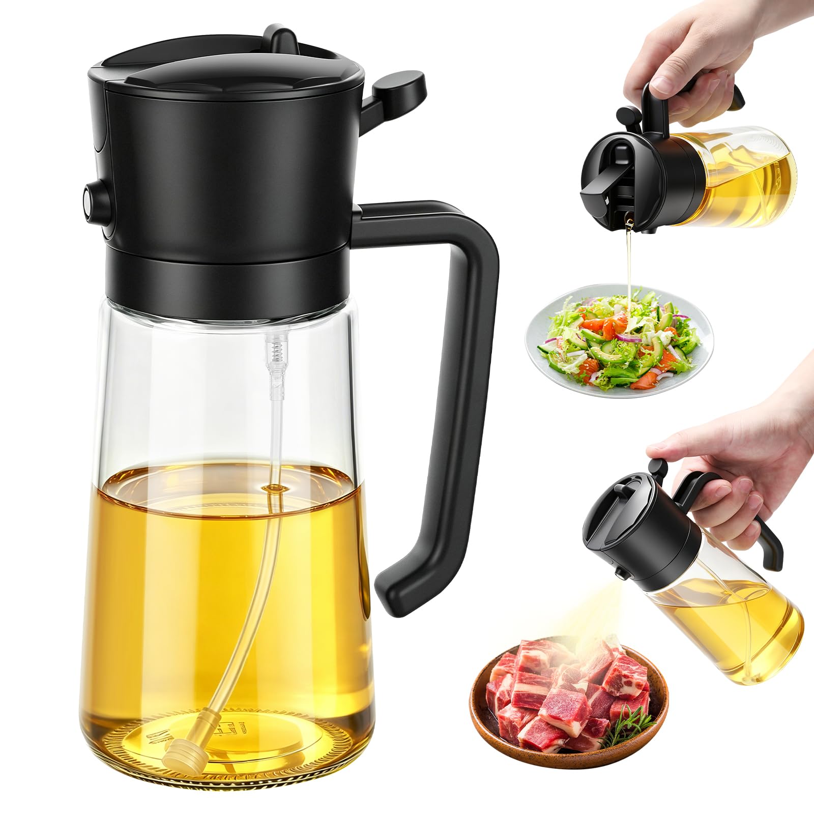 Oil Sprayer for Cooking, 2-in-1 Oil Spray Bottle 470ml for Healthy Cooking, Glass Oil Spray for Air Fryer, Cooking, Salad and Grill