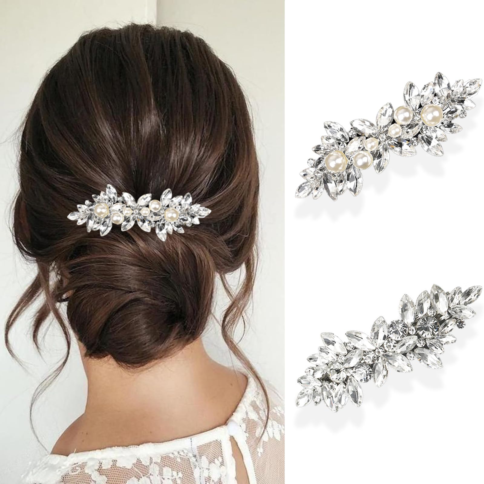 2Pcs Rhinestone Hair Clips Crystal Pearl Hair Barrettes for Women Wedding Bridesmaid Flower Hair Accessories Jewerly for Bridal,Wedding,Party,Prom (Silver Silver)