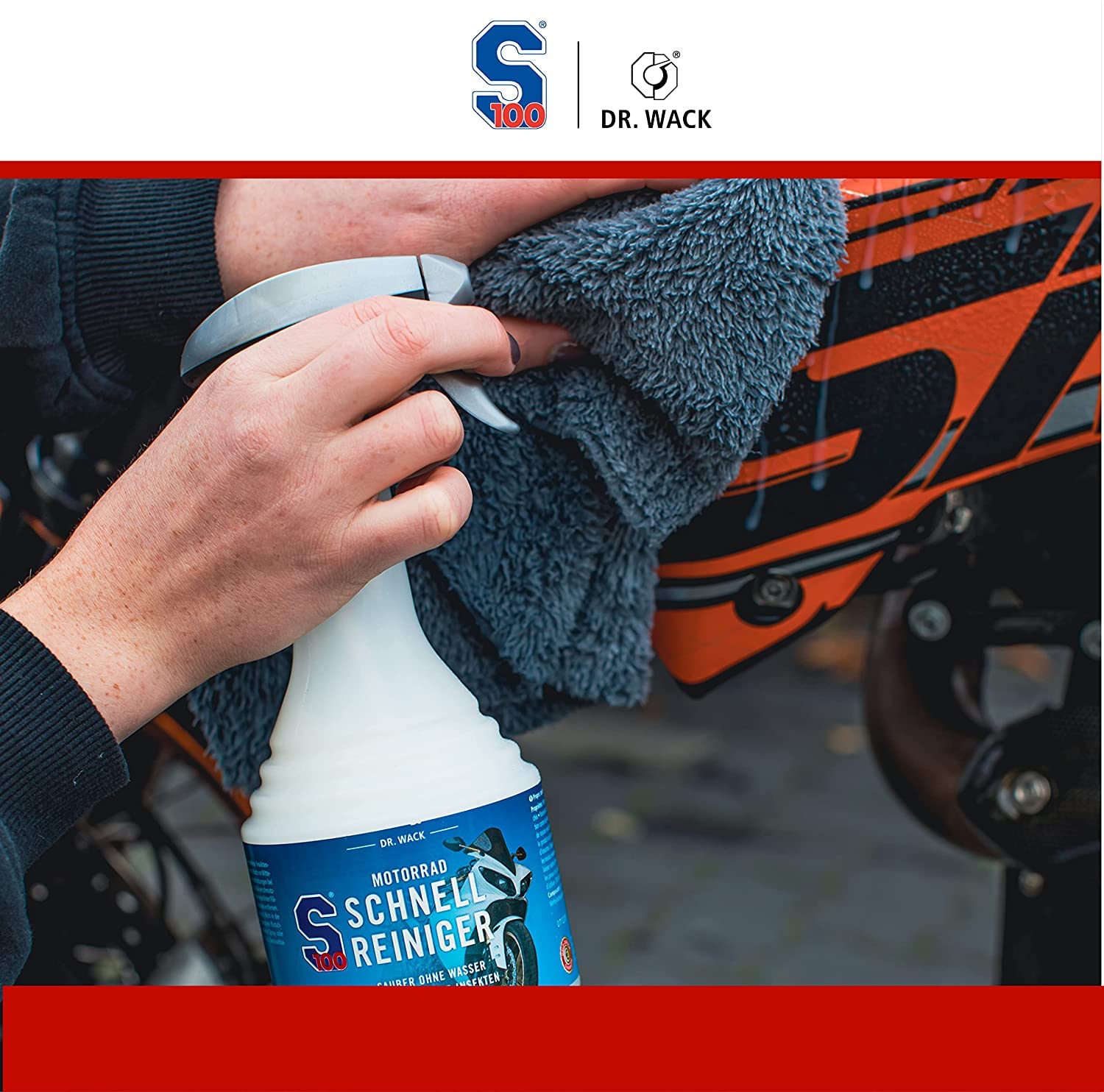 Dr. Wack S100 Paquete de limpieza y mantenimiento para motocicletas, limpiador rápido 0,5 l, spray de cadena blanca 0,4 l, refrescante de color 0,3 L, cera en aerosol A1 de alta gama 0,5 l + 3 paños