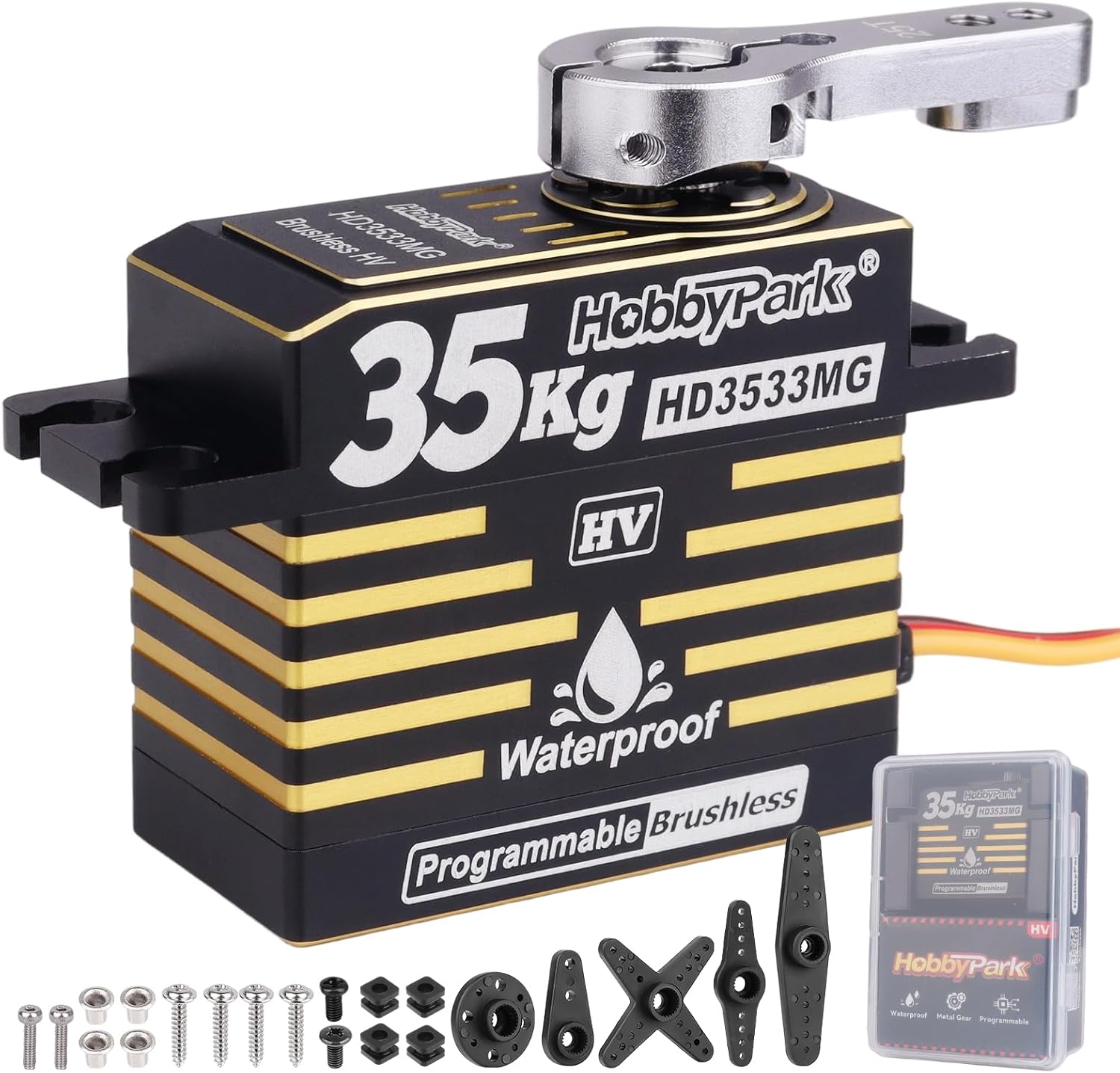 HobbyPark Waterproof High Torque RC Servo 35kg Brushless Motor Metal Gear Digital Servo Stainless Steel Gear Aluminum Case for RC Crawler RC Car Truck Buggy Bashing Basher Programmable 180°