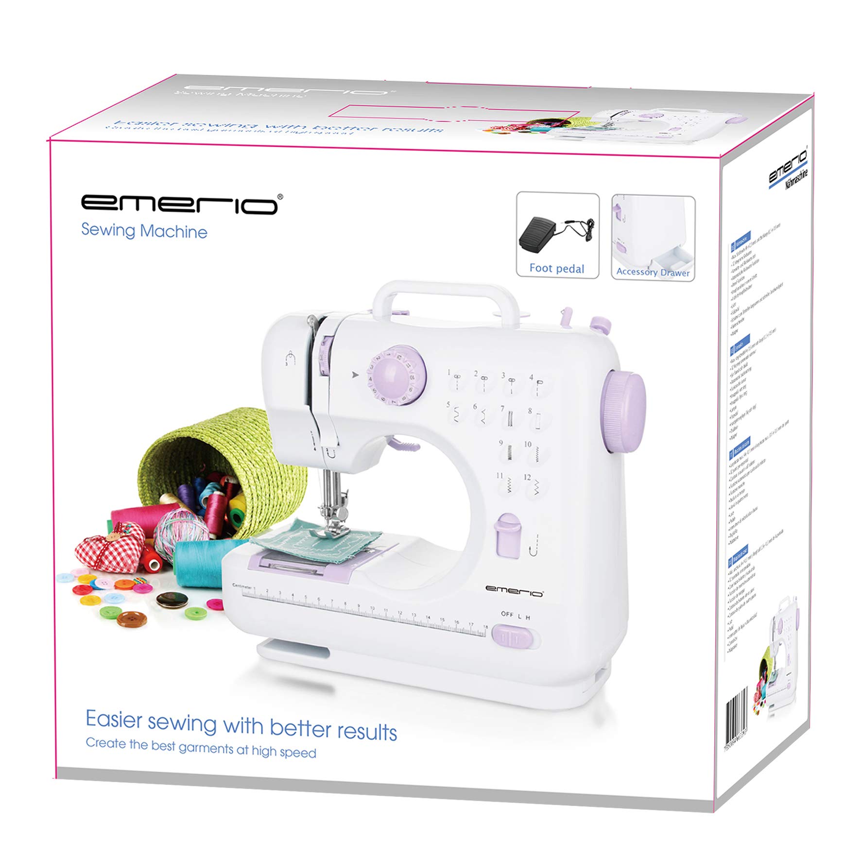 Emerio Nähmaschine für Kinder und Anfänger, SEW-121820, 12 Stichmuster, Mini mit Fußpedal, Strom und Batteriebetrieb, Zuhause, LED Licht, Vor und Rückwärtsautomatik, Weiß/Rosa