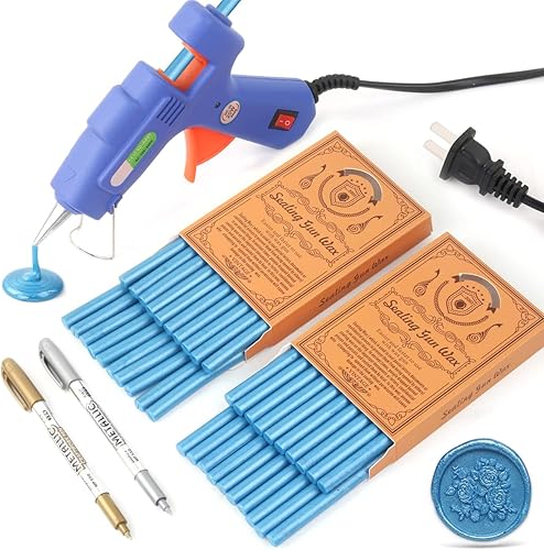 Kit de sellado de cera, 40 varillas de cera de sellado azul con pistola de pegamento + 2 bolígrafos de sello de cera para sello de cera, ideal para
