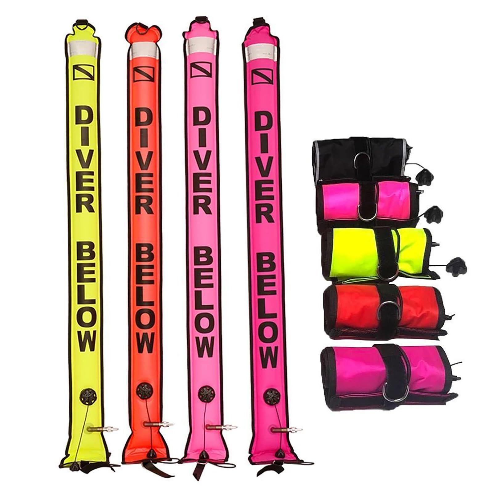 Boa di Segnalazione della Superficie per Immersioni subacquee 18cmX1,8m、15cmX1,5m con Gancio Girevole Tubo di Segnale Ugello Gonfiabile SMB Diver Accessori galleggianti