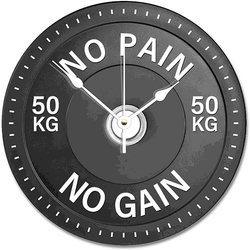ArogGeld Reloj de pared con placa de pesas con barra para fitness, sin dolor, sin ganancia, decoración de gimnasio en casa, reloj de pared redondo