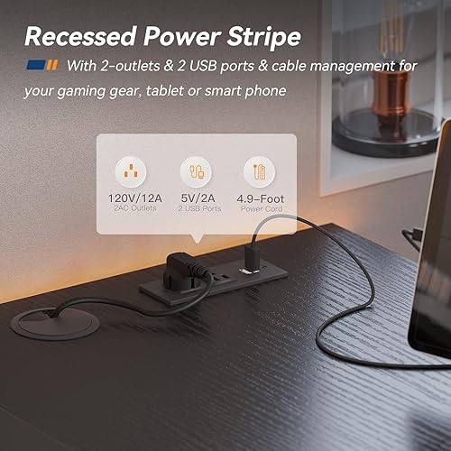 Miniatura 6 de KKL Escritorio para computadora en forma de L de 55 pulgadas con puerto de carga USB y toma de corriente, escritorio esquinero en forma de L con